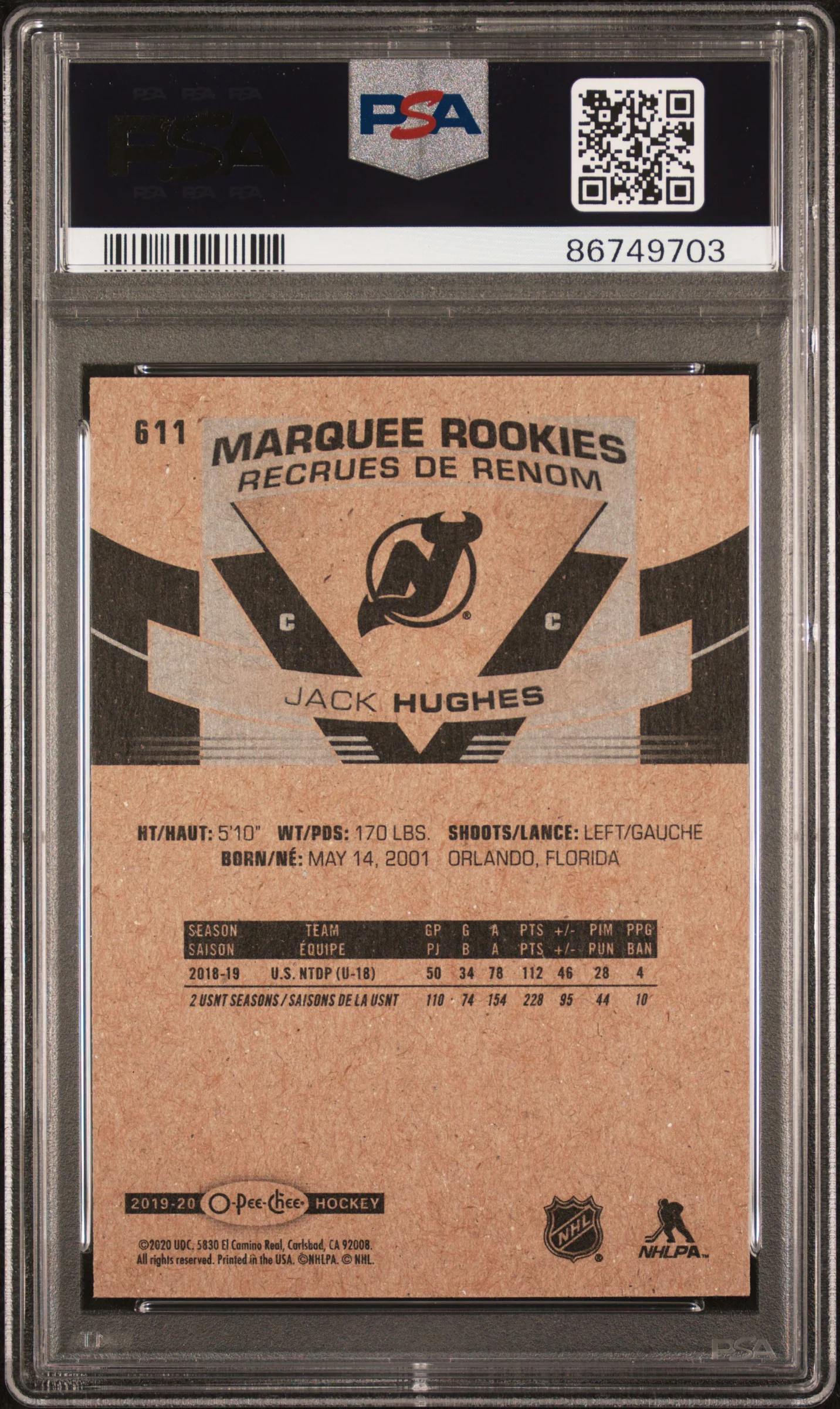 Jack Hughes 2019 Upper Deck O Pee Chee Update Marquee Rookies Hockey Card #611 Graded PSA 8 Cert #86749703 - Image 2