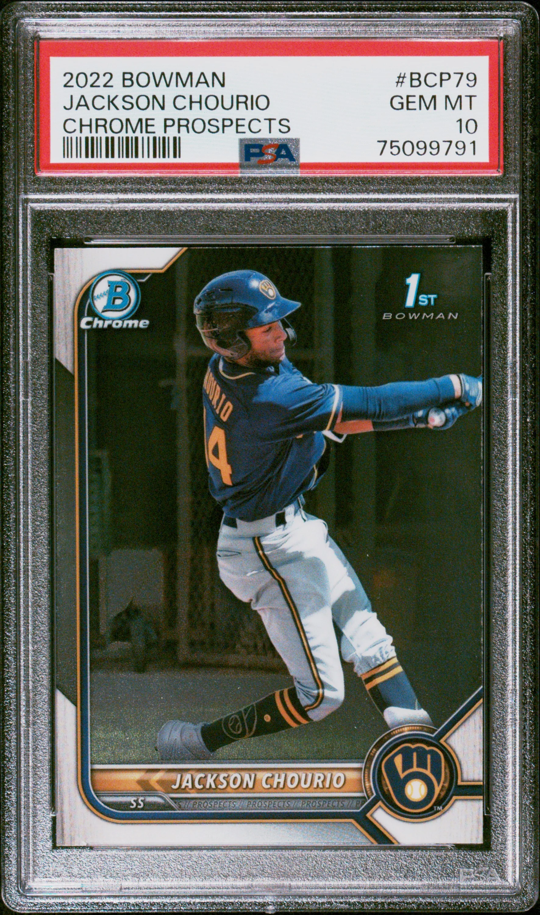Jackson Chourio 2022 Bowman Chrome Prospects 1st Bowman Milwaukee Brewers Baseball RC Rookie Card #BCP79 Graded PSA 10 Cert #75099791