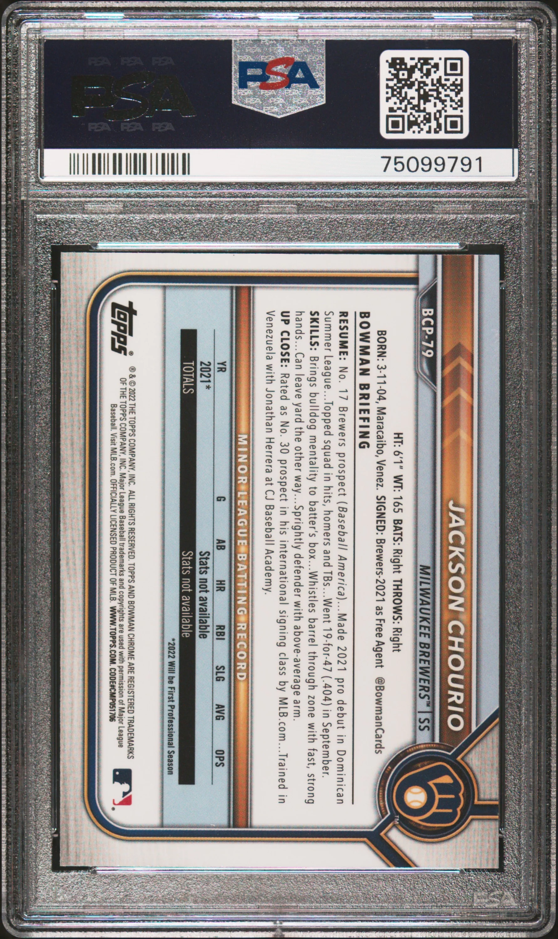 Jackson Chourio 2022 Bowman Chrome Prospects 1st Bowman Milwaukee Brewers Baseball RC Rookie Card #BCP79 Graded PSA 10 Cert #75099791 - Image 2