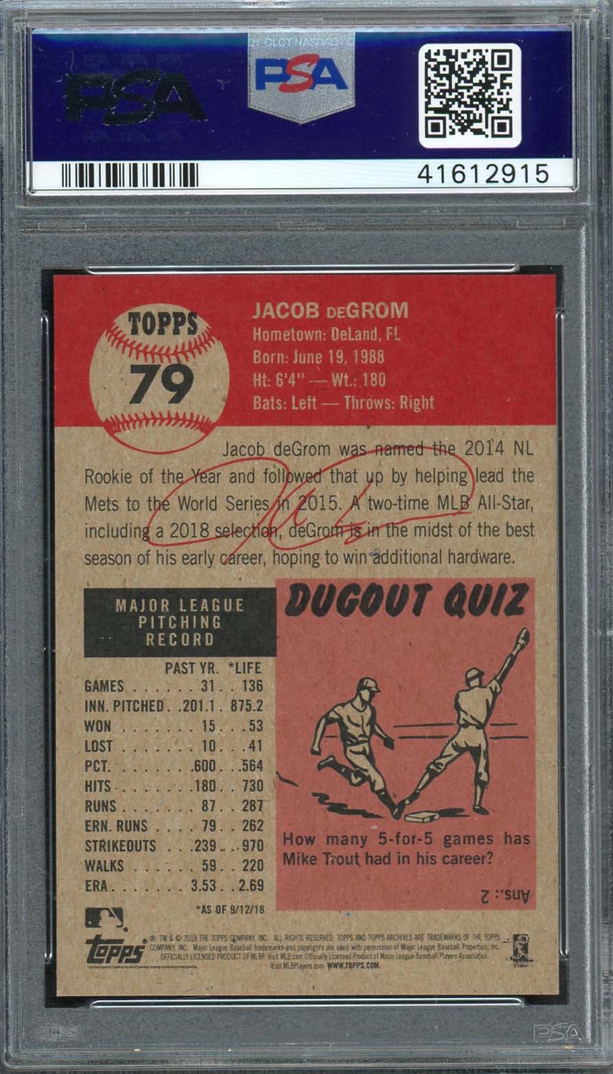 Jacob Degrom 2018 Topps Living Baseball Card #79 Graded PSA 10 GEM MINT - Image 2