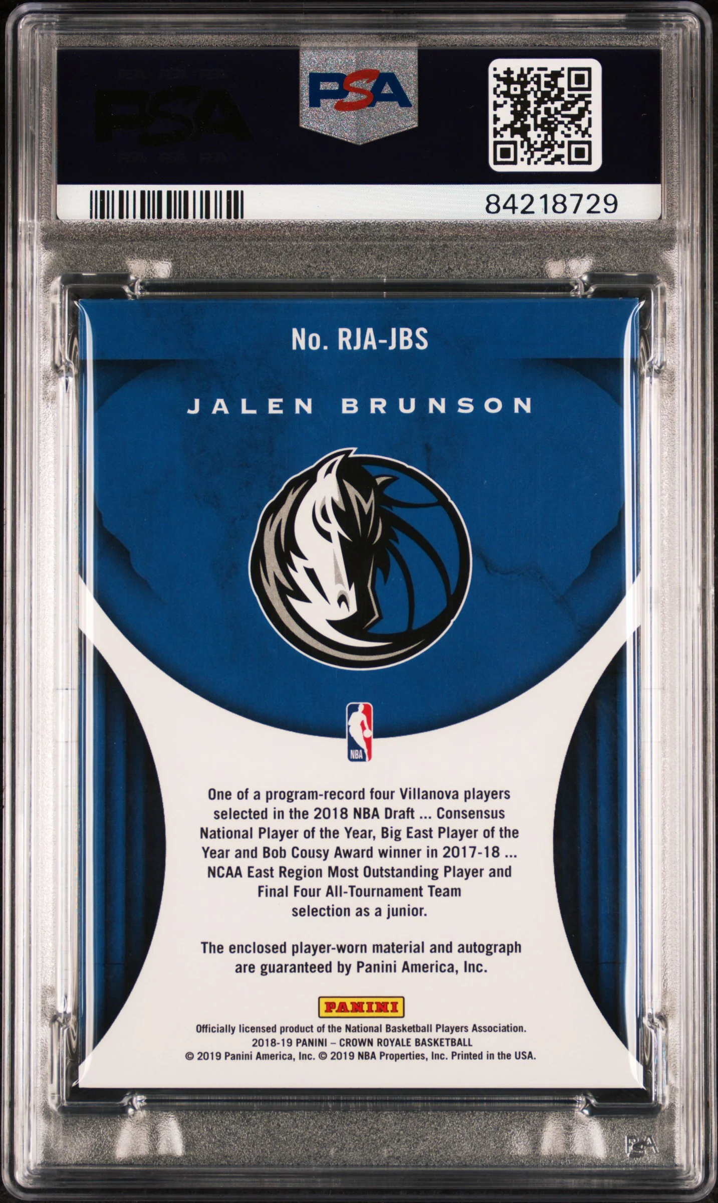 Jalen Brunson 2018 Panini Crown Royale Player Worn Jersey Auto Dallas Mavericks Signed Basketball RC Rookie Card #JBS 78/199 Graded PSA 8 Cert #84218729 - Image 2