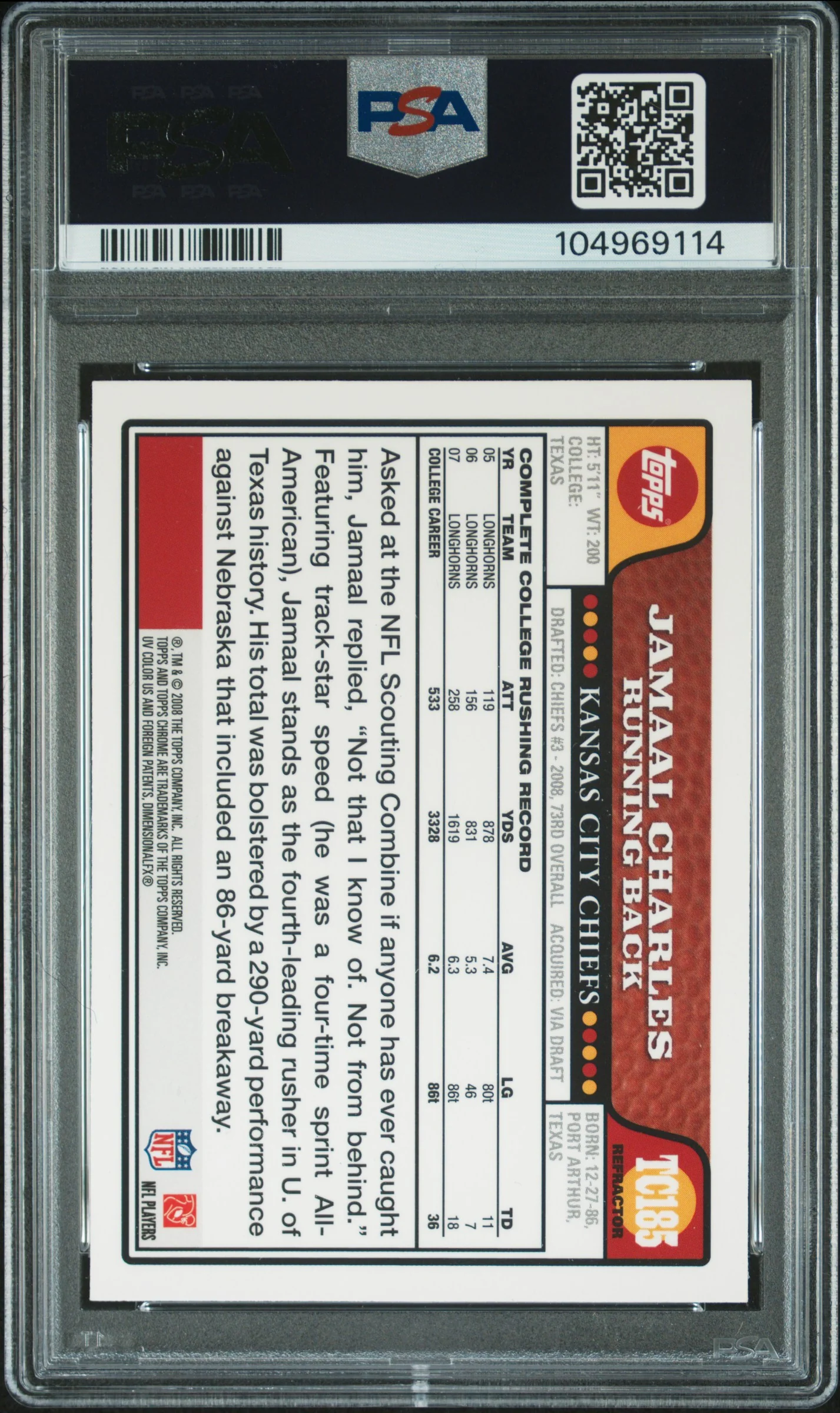 Jamaal Charles 2008 Topps Chrome Refractor Rookie Card #TC185 Auto Graded PSA 9 - Image 2
