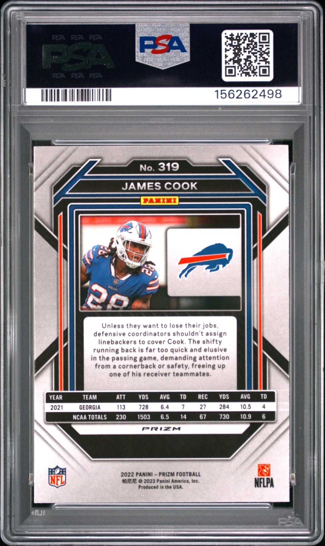 James Cook 2022 Panini Prizm Red White Blue Buffalo Bills Football RC Rookie Card #319 Graded PSA 9 Cert #156262498 - Image 2