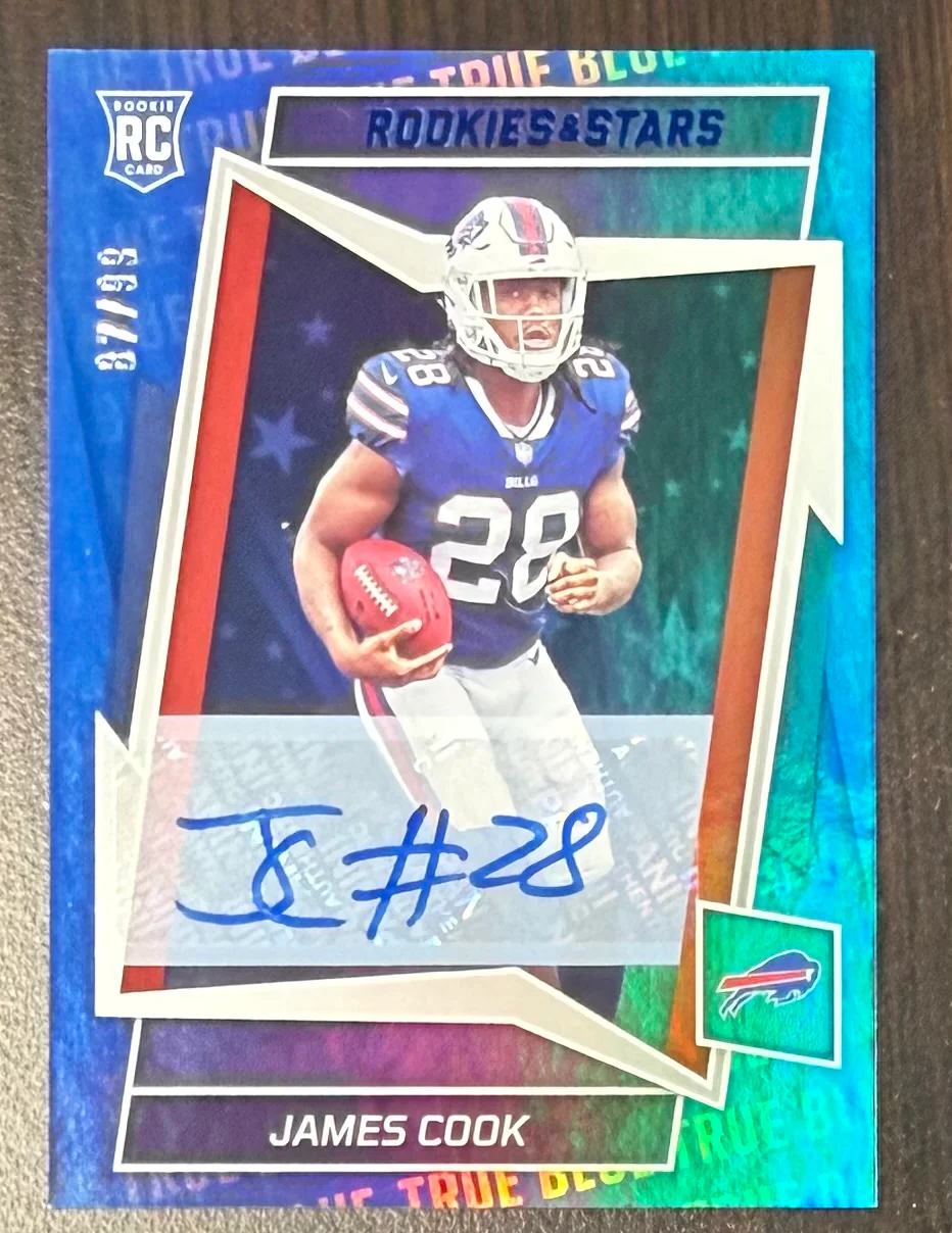 James Cook 2022 Panini Rookies & Stars True Blue Buffalo Bills Signed Football RC Rookie Card #109 Auto #87/99