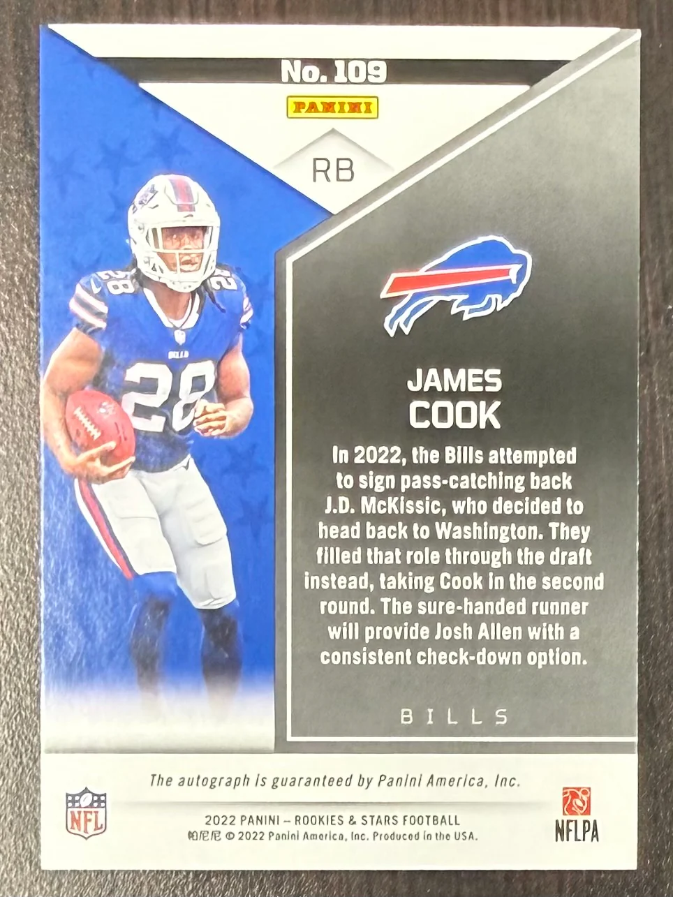 James Cook 2022 Panini Rookies & Stars True Blue Buffalo Bills Signed Football RC Rookie Card #109 Auto #87/99 - Image 2