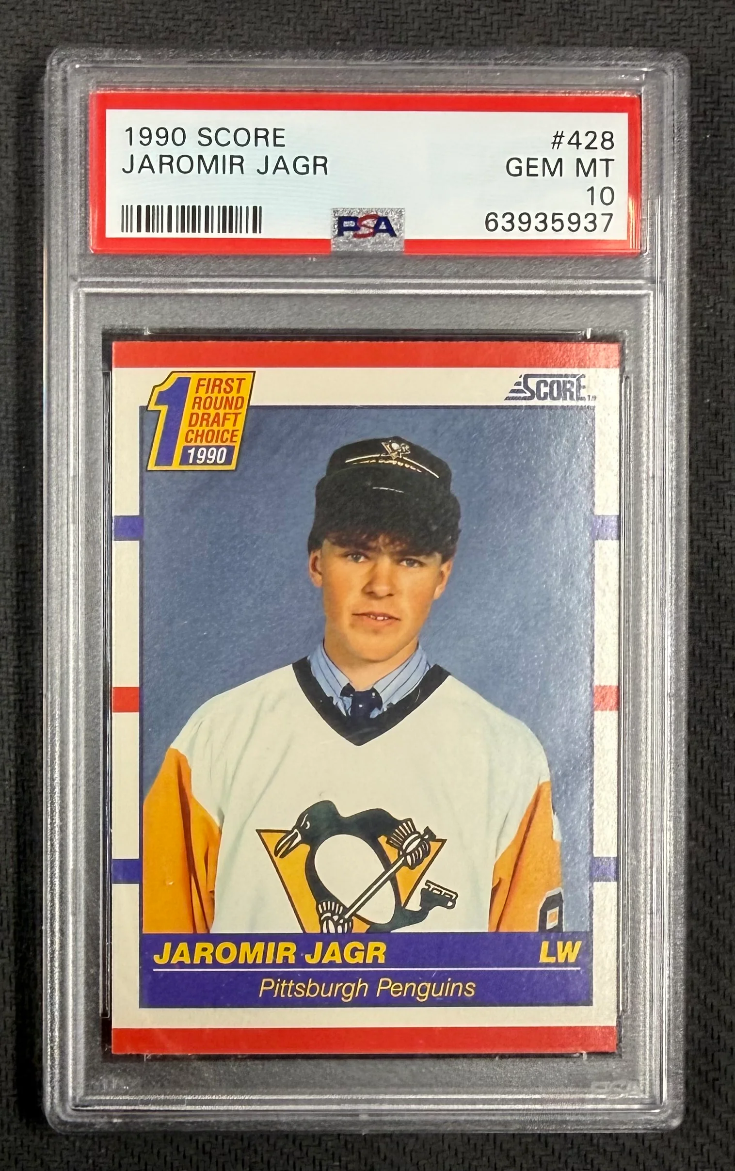 Jaromir Jagr 1990 Score Pittsburgh Penguins Hockey Rookie Card RC #428 Graded PSA 10 Cert #63935937
