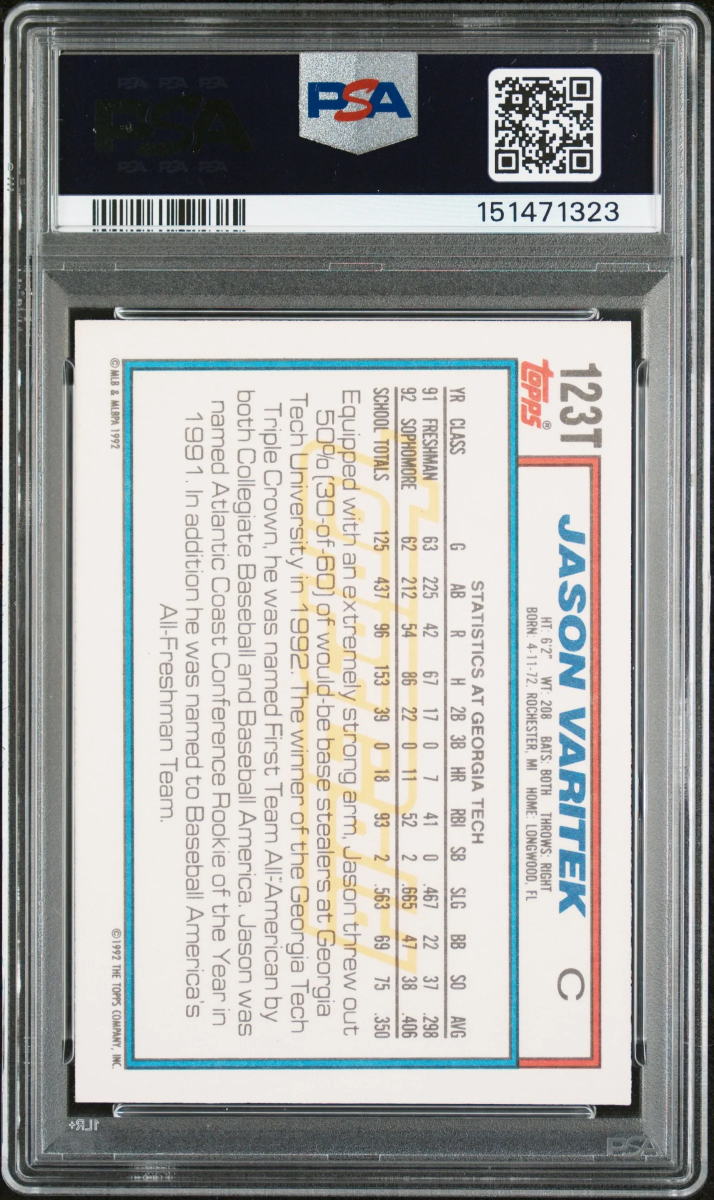 Jason Varitek 1992 Topps Traded Gold Team USA Signed Baseball Rookie Card RC #123T Graded PSA 7 Auto 10 Cert #151471323 - Image 2