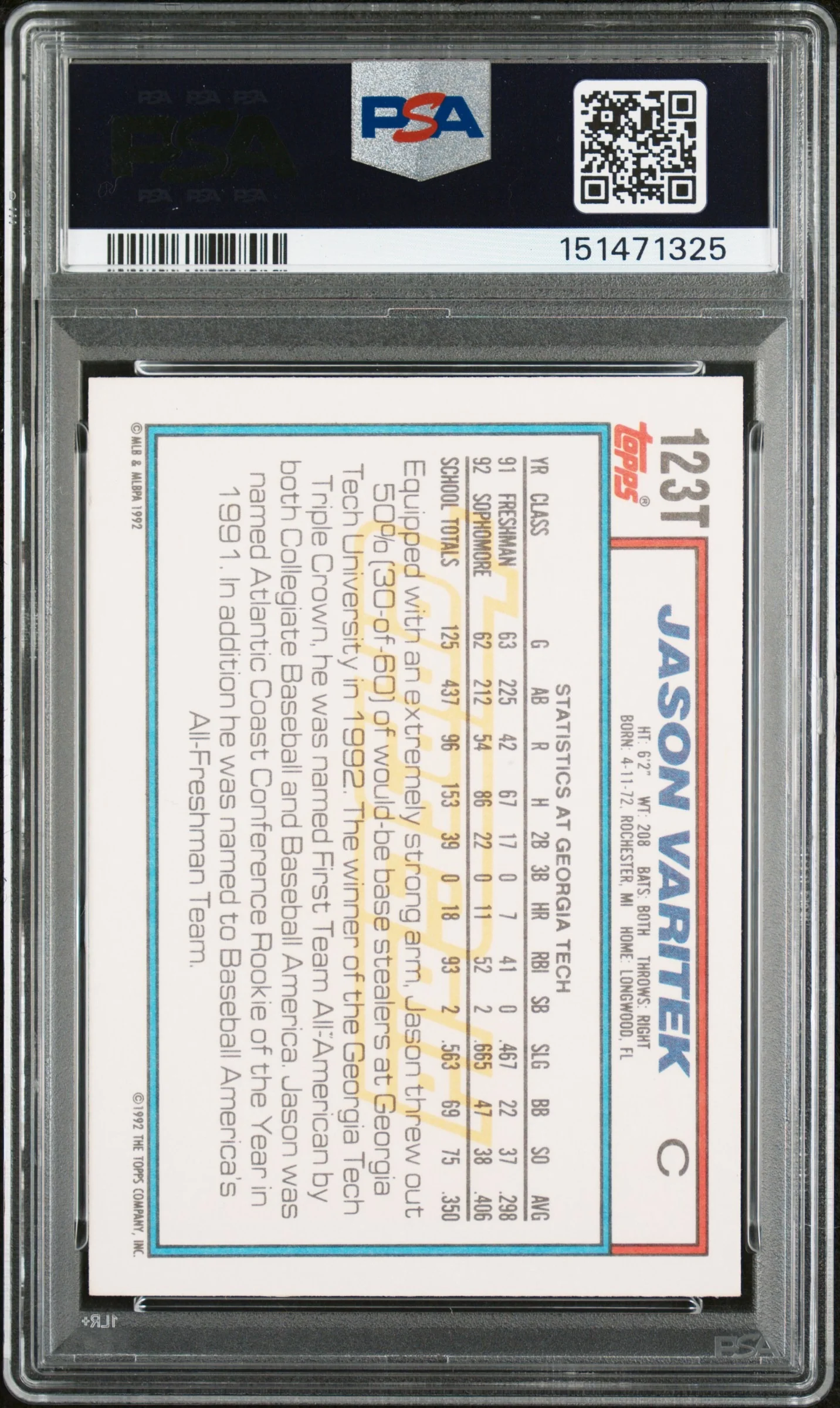 Jason Varitek 1992 Topps Traded Gold Team USA SIgned Baseball Rookie Card RC #123T Graded PSA 7 Auto 10 Cert #151471325 - Image 2