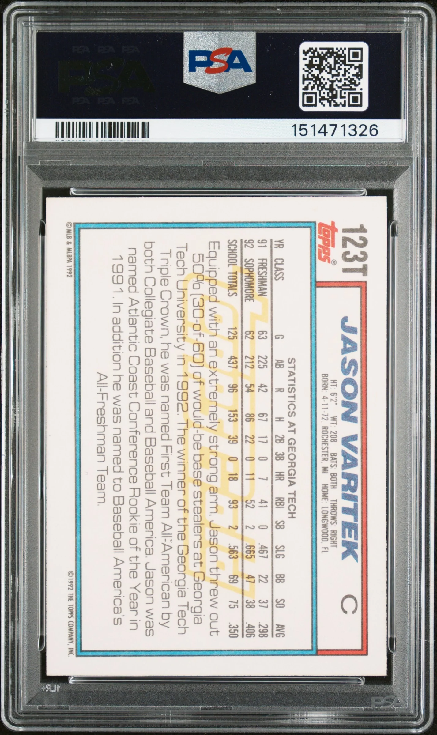 Jason Varitek 1992 Topps Traded Gold Team USA Signed Baseball Rookie Card RC #123T Graded PSA 7 Auto 10 Cert #151471326 - Image 2