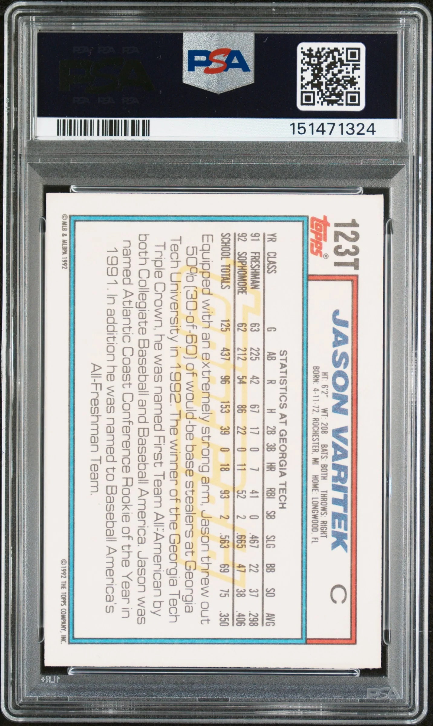 Jason Varitek 1992 Topps Traded Gold Team USA Signed Baseball Rookie Card RC #123T Graded PSA 8 Auto 9 Cert #151471324 - Image 2