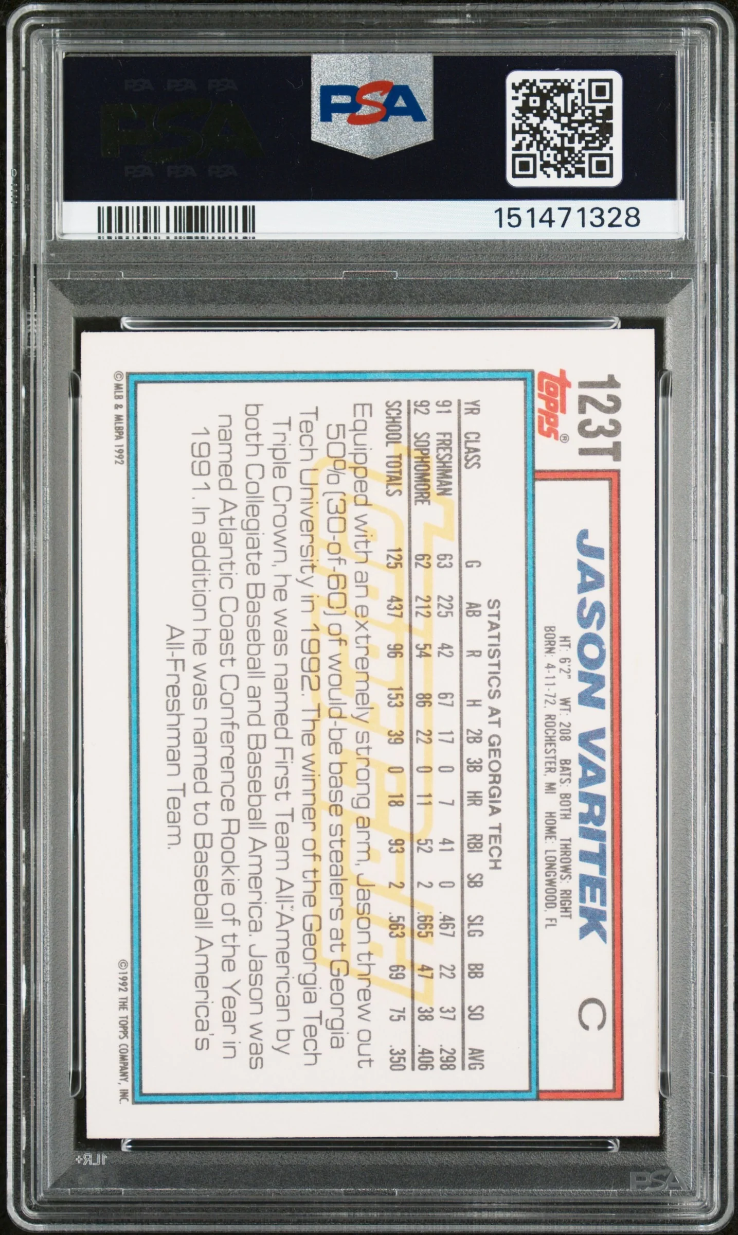 Jason Varitek 1992 Topps Traded Gold Team USA Signed Baseball Rookie Card RC #123T Graded PSA 9 Auto 10 Cert #151471328 - Image 2