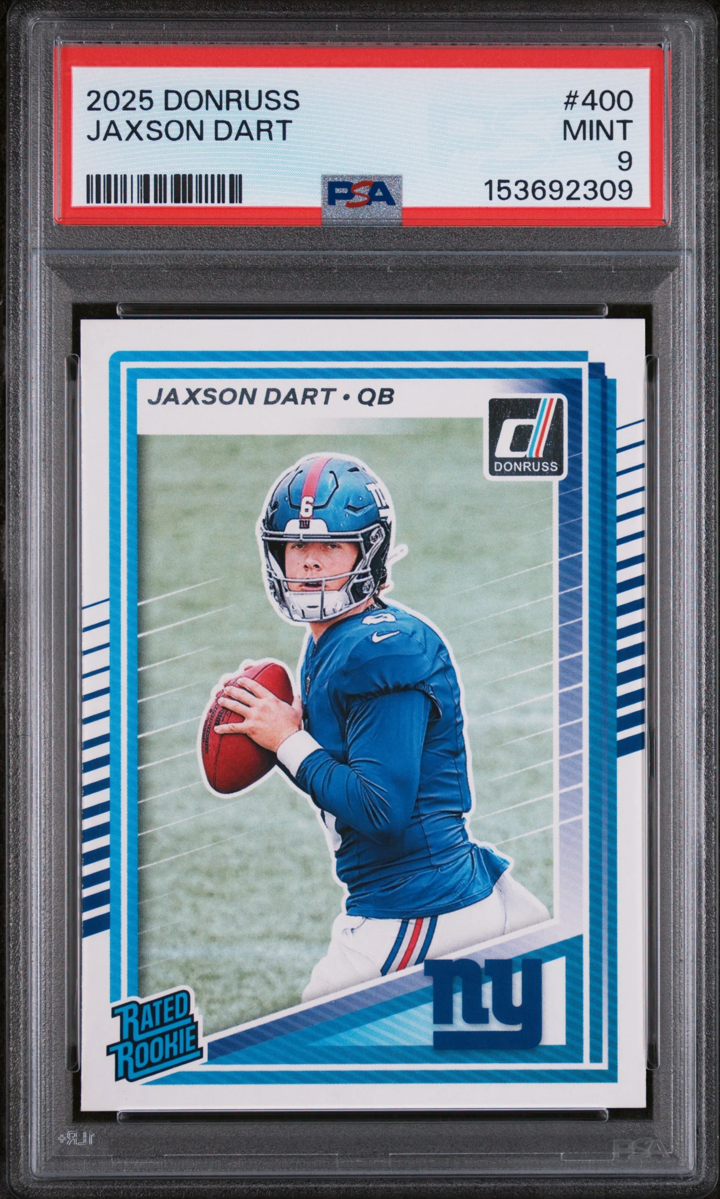 Jaxson Dart 2025 Donruss New York Giants Football Rated Rookie Card #400 Graded PSA 9 Cert #153692309