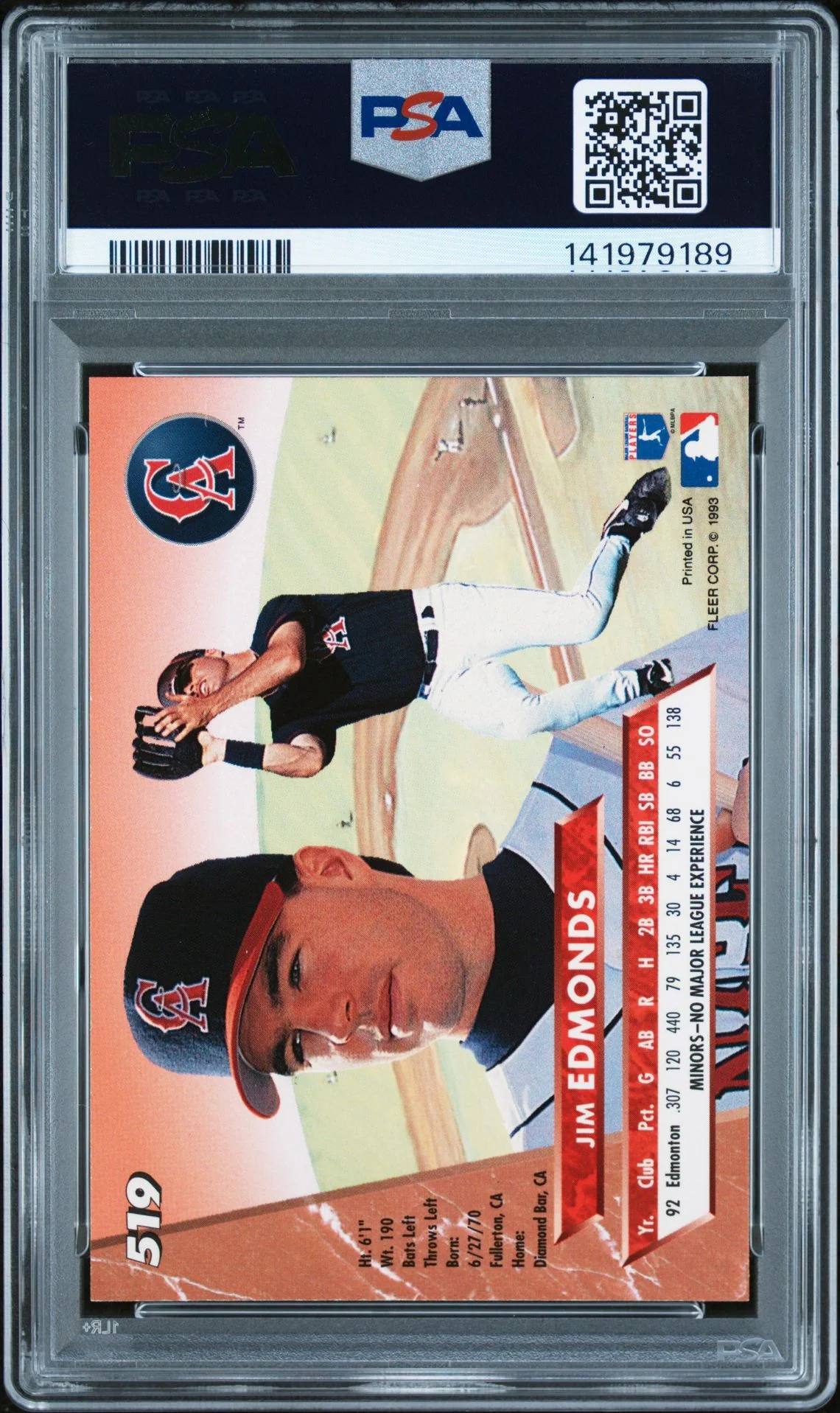Jim Edmonds 1993 Fleer Ultra Signed Baseball Rookie Card #519 Graded PSA 7 Auto 10 Cert #141979189 - Image 2