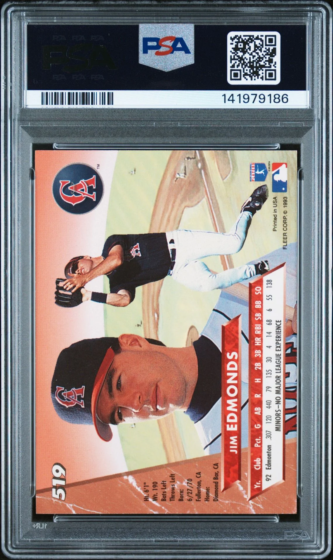 Jim Edmonds 1993 Fleer Ultra Signed Baseball Rookie Card #519 Graded PSA 8 Auto 10 Cert #141979186 - Image 2