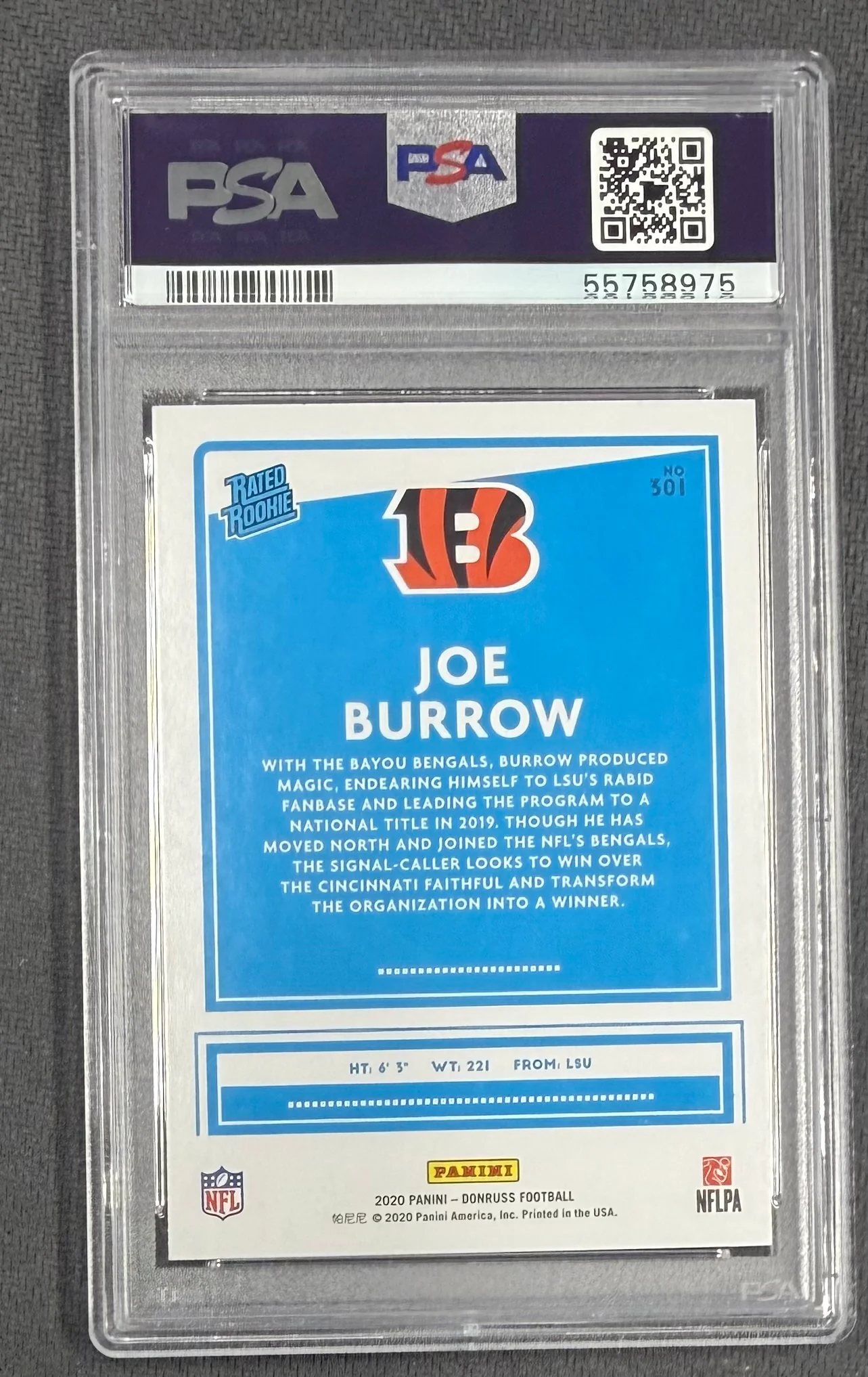 Joe Burrow 2020 Panini Donruss Rated Rookie Cincinnati Bengals Football RC Card #301 Graded PSA 10 Cert #55758975 - Image 2