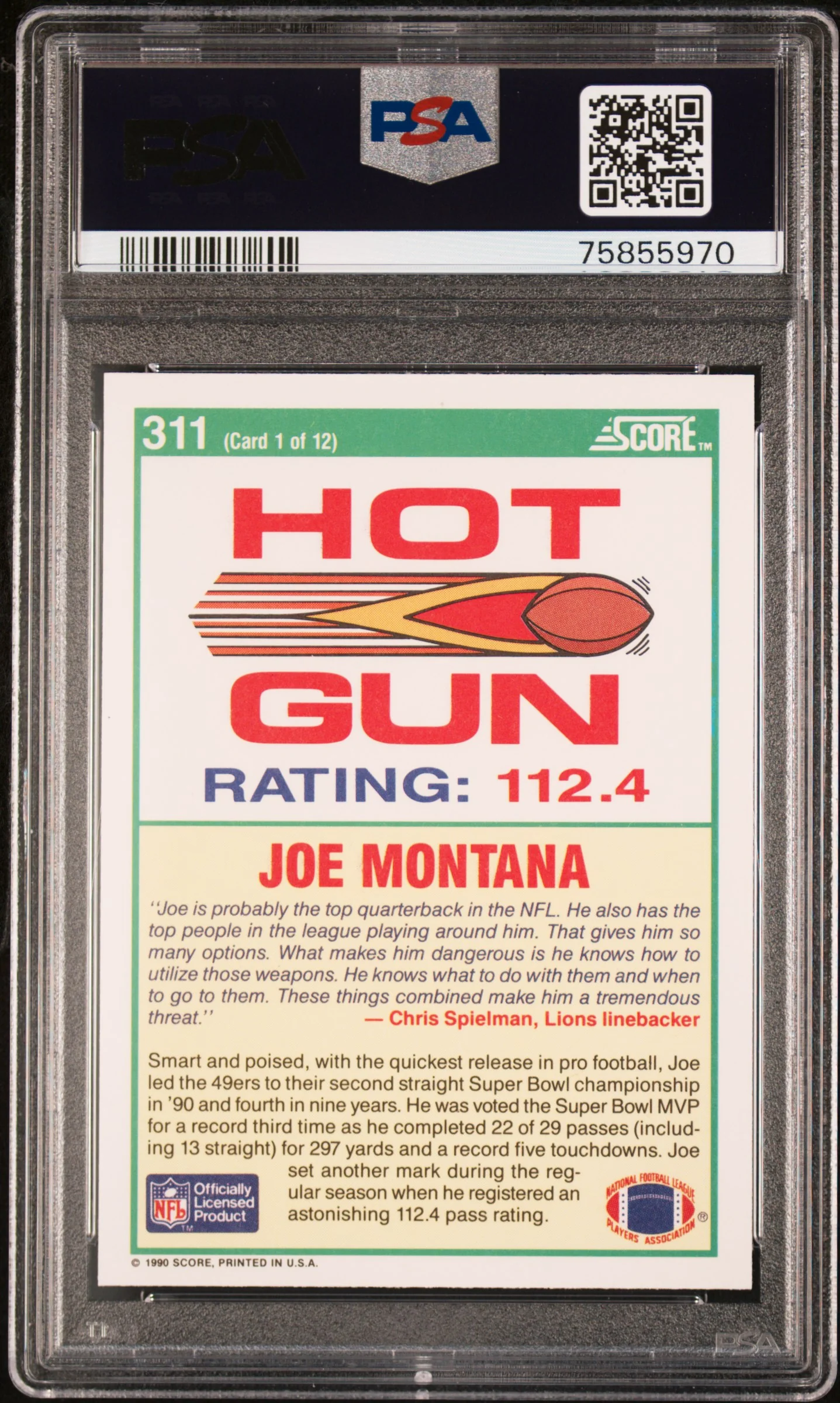 Joe Montana 1990 Score Football Card #311 Graded PSA 10 - Image 2