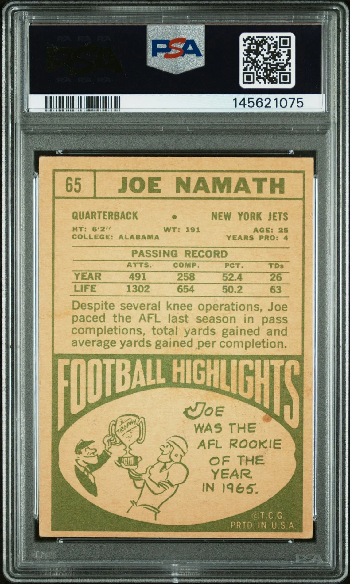 Joe Namath 1968 Topps New York Jets Signed Football Card #65 Graded PSA 3 Auto 10 Cert #145621075 - Image 2
