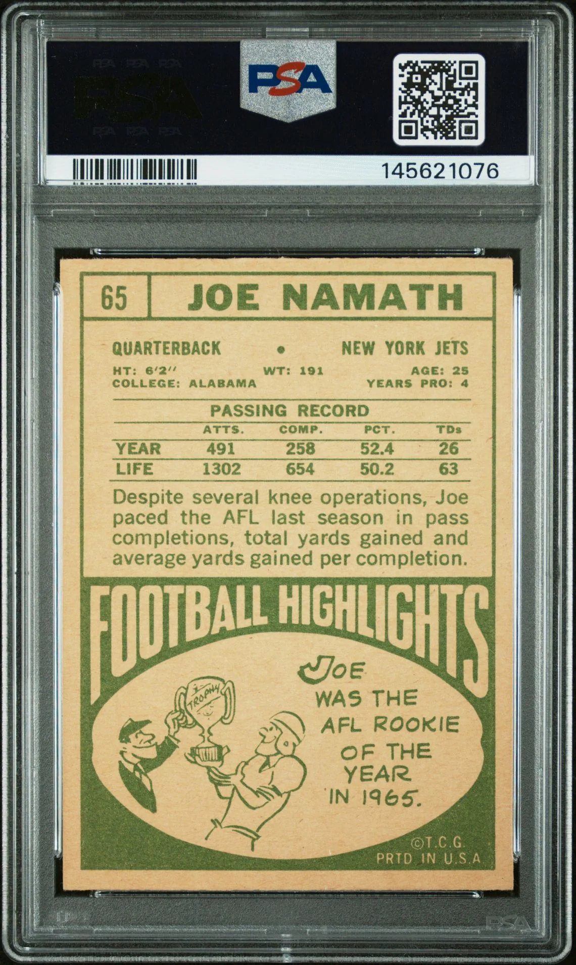 Joe Namath 1968 Topps New York Jets Signed Football Card #65 Graded PSA 4 Auto 7 Cert #145621076 - Image 2