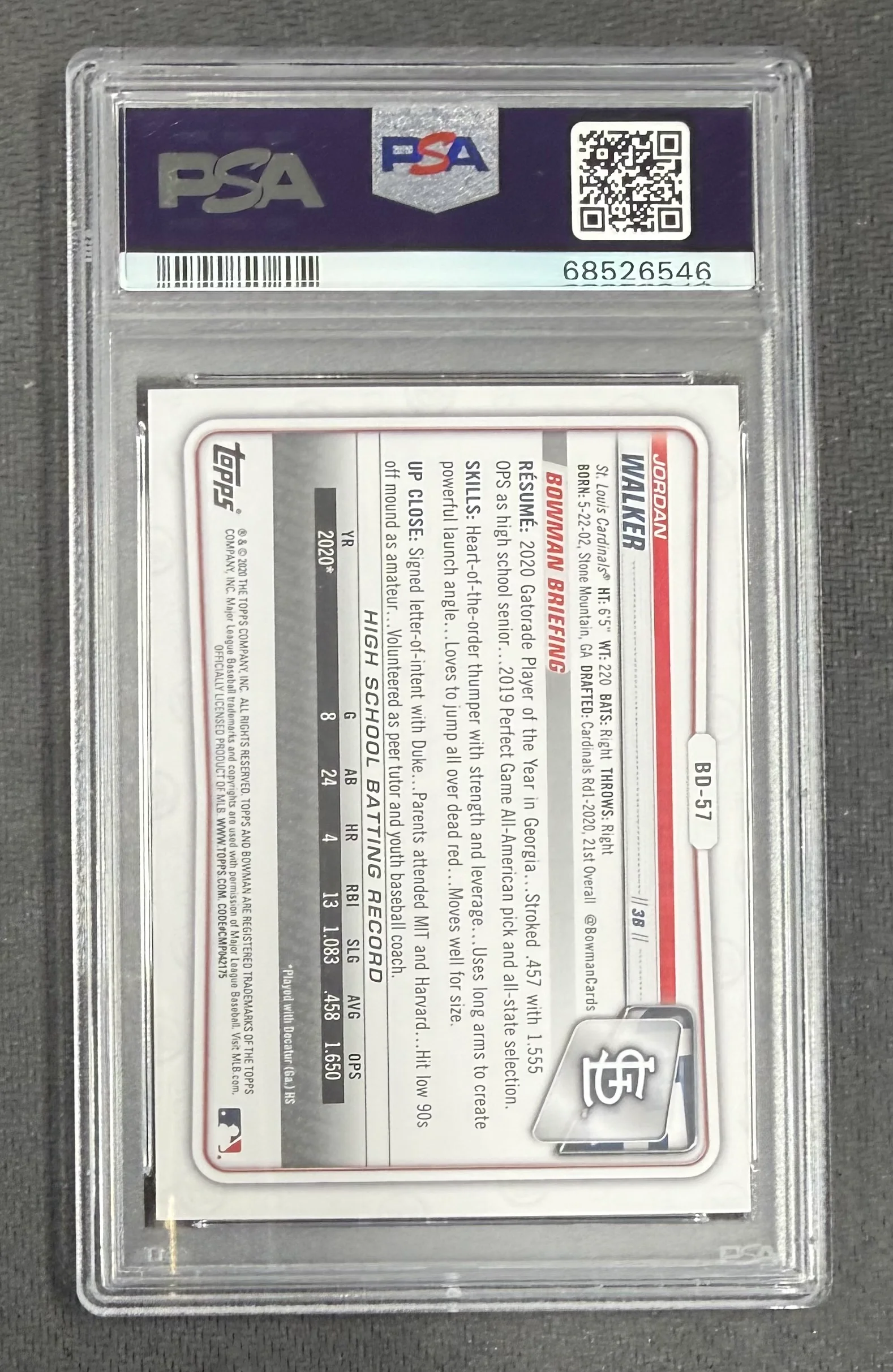 Jordan Walker 2020 Bowman Draft 1st Bowman St. Louis Cardinals Baseball Prospect RC Rookie Card #BD57 Graded PSA 10 Cert #68526546 - Image 2