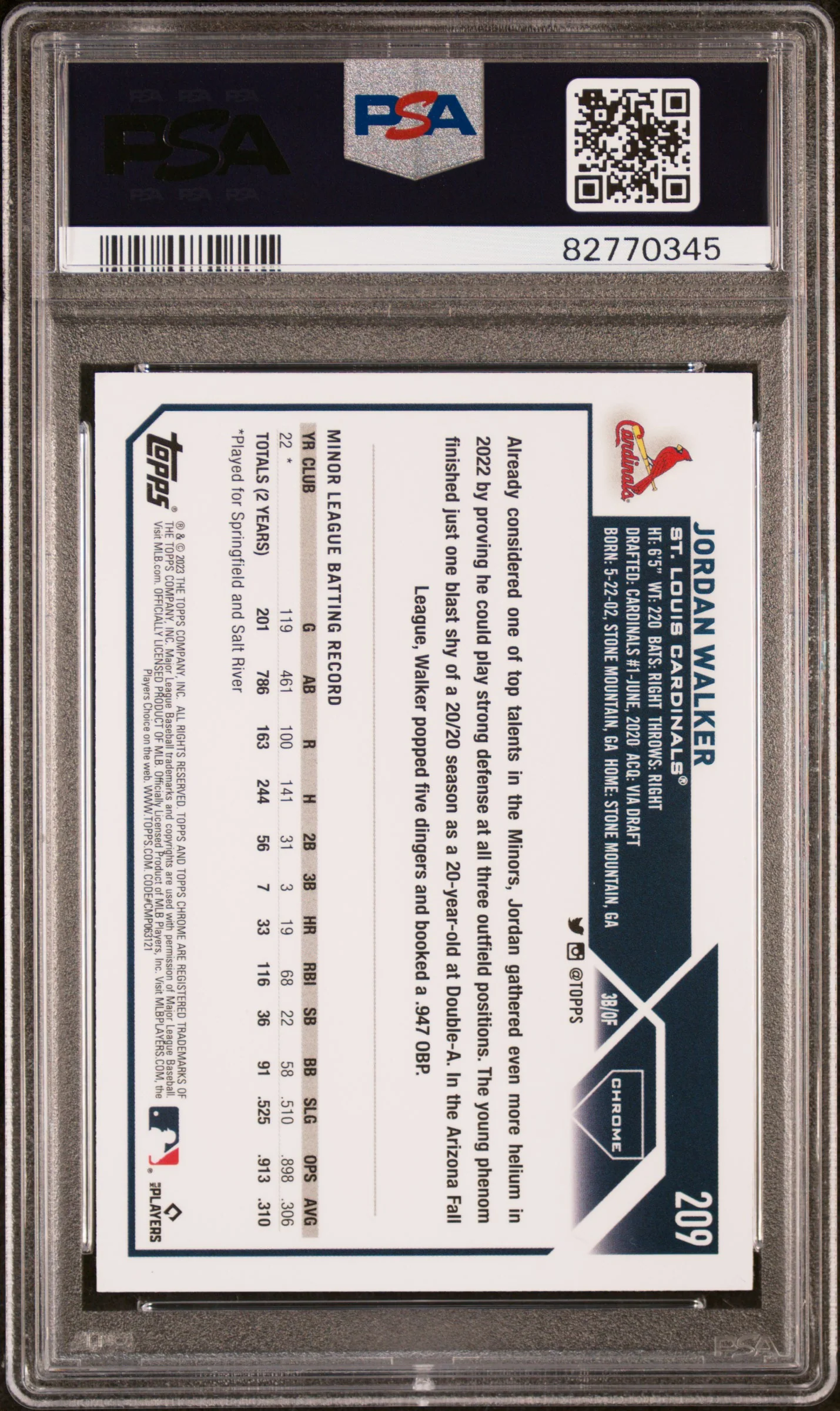 Jordan Walker 2023 Topps Chrome Sepia St. Louis Cardinals Baseball RC Rookie Card #209 Graded PSA 10 Cert #82770345 - Image 2