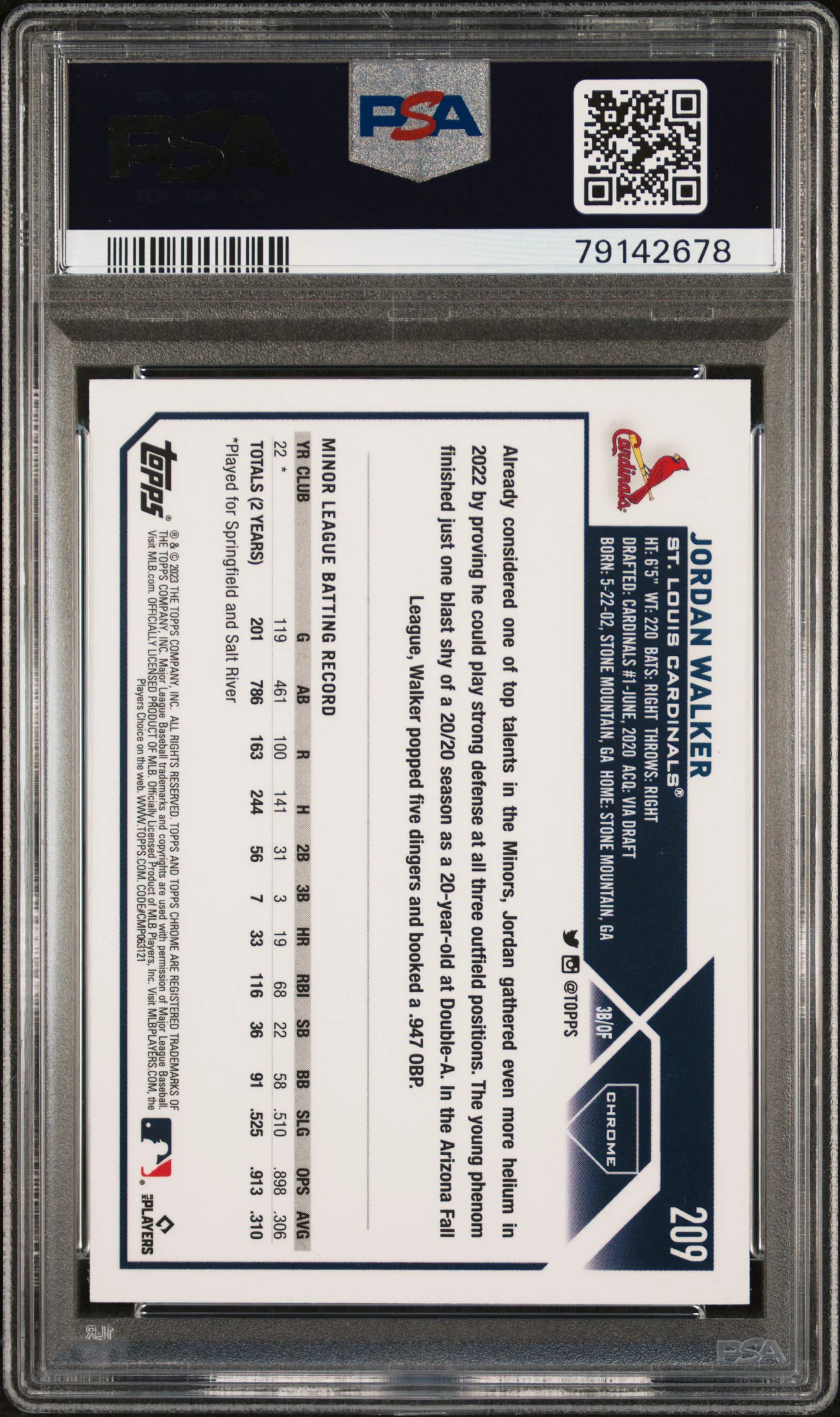 Jordan Walker 2023 Topps Chrome St. Louis Cardinals Baseball RC Rookie Card #209 Graded PSA 10 Cert #79142678 - Image 2