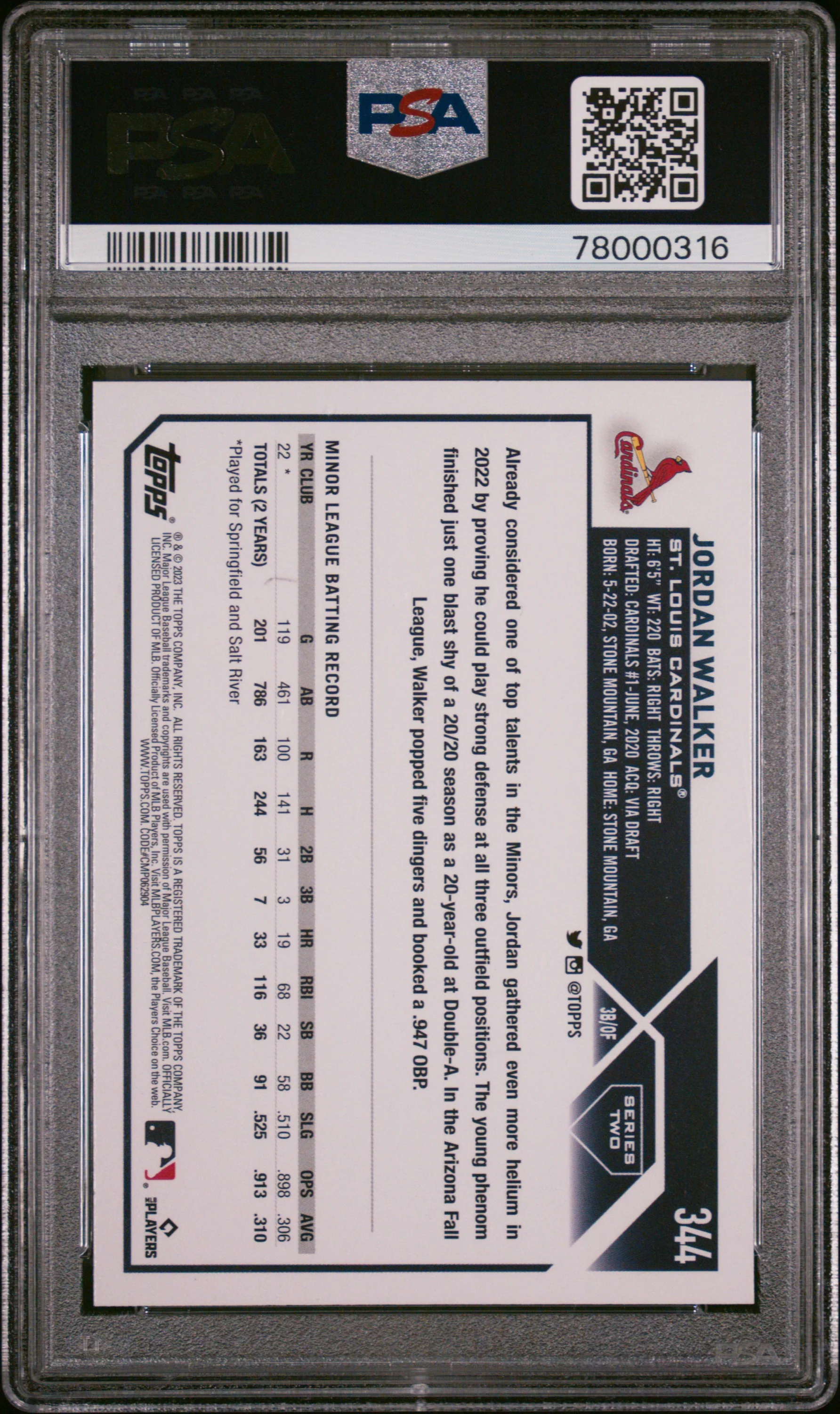 Jordan Walker 2023 Topps St. Louis Cardinals Baseball RC Rookie Card #344 Graded PSA 10 Cert #78000316 - Image 2
