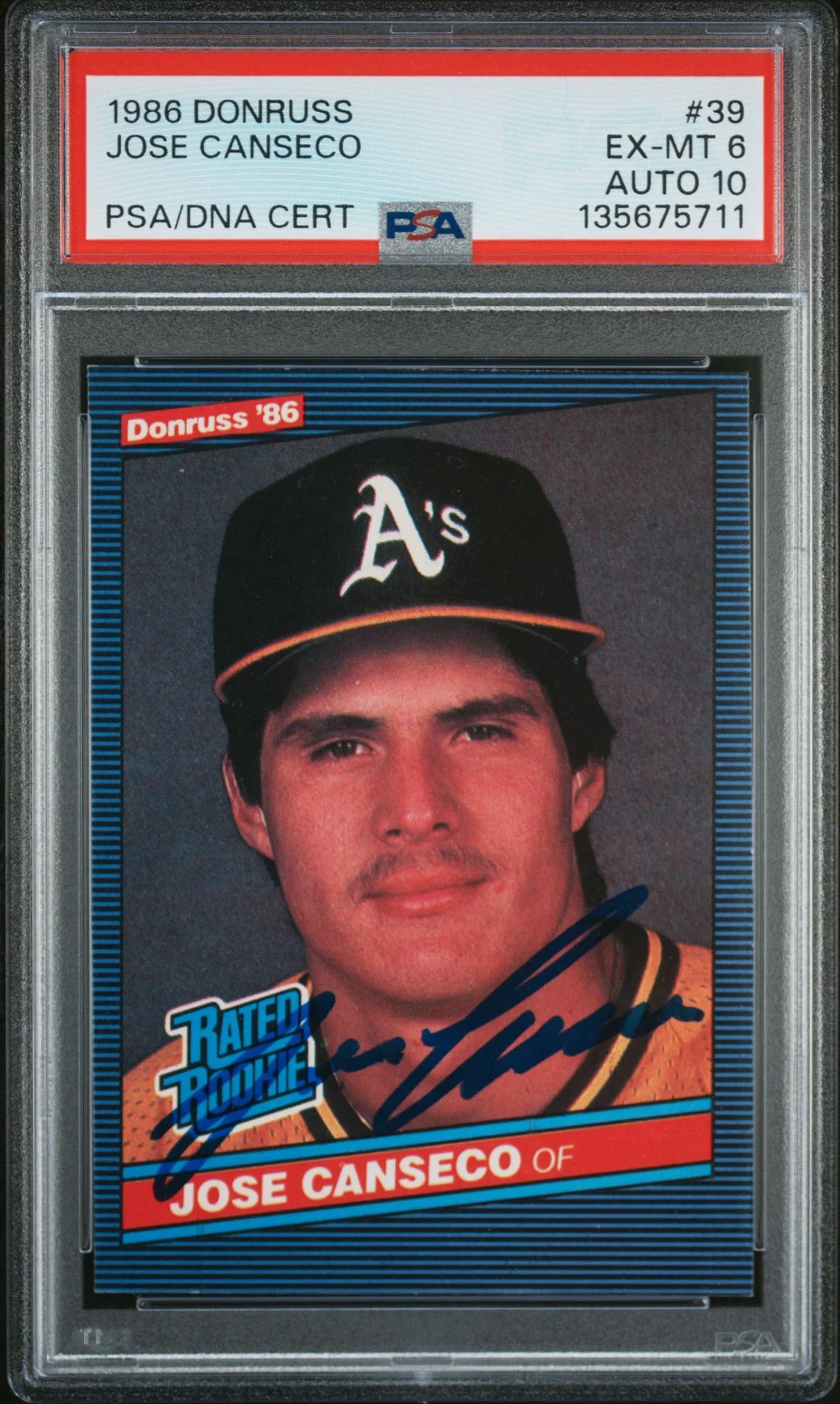 Jose Canseco 1986 Donruss Signed Baseball Rookie Card #39 Graded PSA 6 Auto 10 Cert #135675711