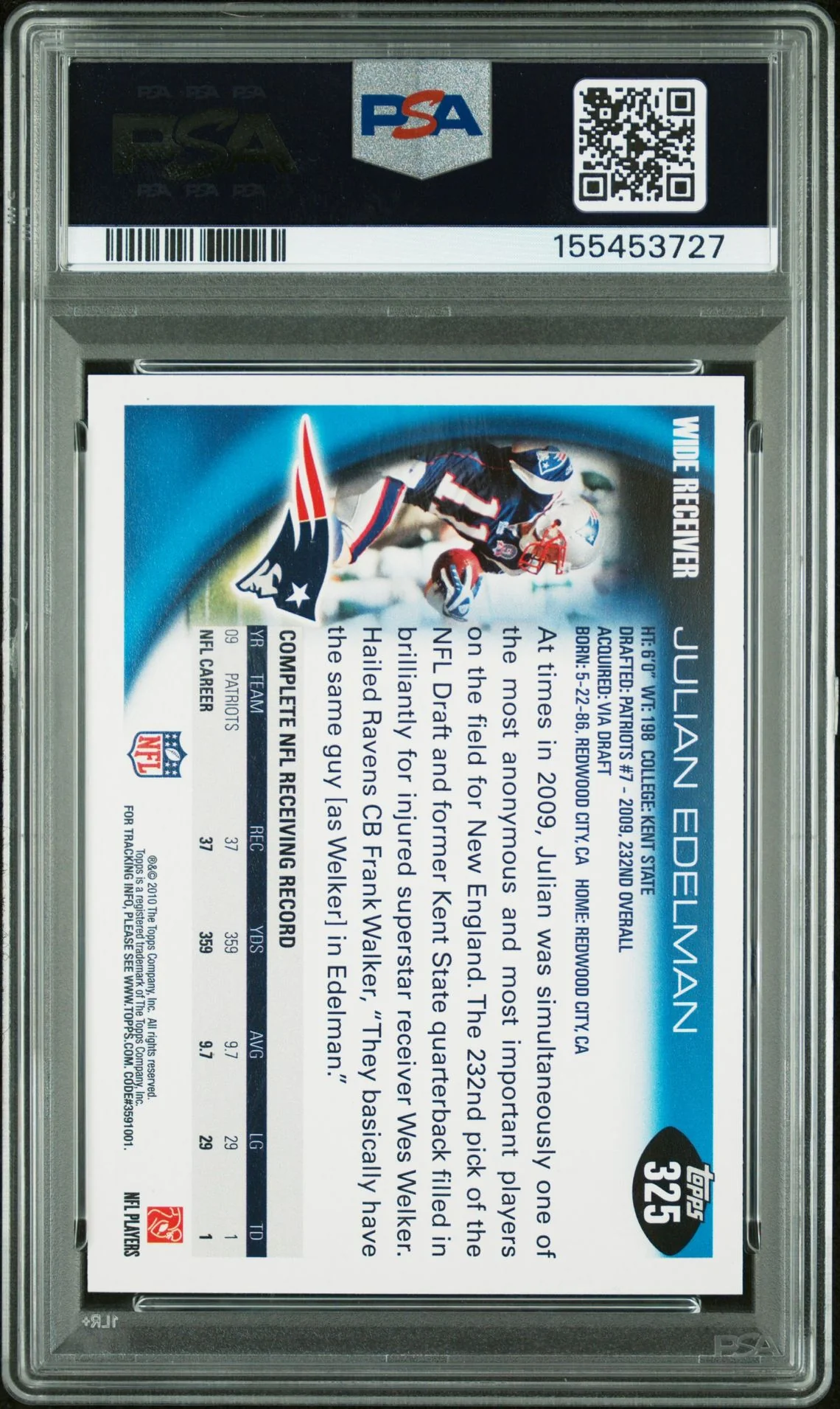 Julian Edelman 2010 Topps New England Patriots Signed Football Card #325 Graded PSA 10 Auto 10 Cert #155453727 - Image 2