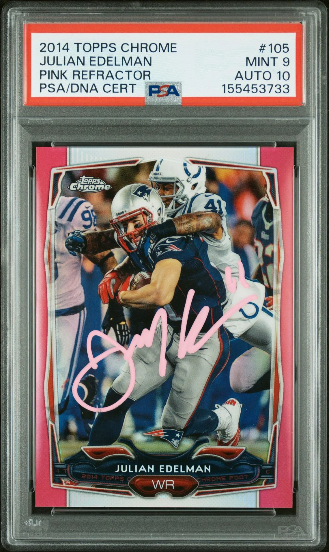 Julian Edelman 2014 Topps Chrome Pink Refractor New England Patriots Signed Football Card #105 Graded PSA 9 Auto 10 Serial 367/399 Cert #155453733
