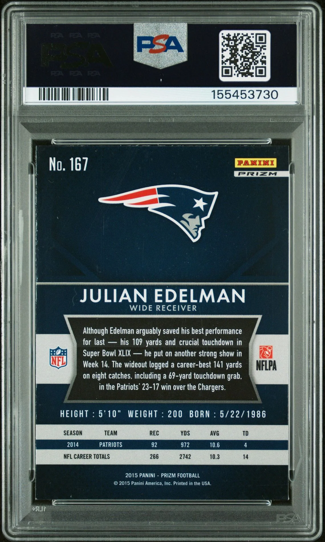 Julian Edelman 2015 Panini Prizm Red White Blue New England Patriots Signed Football Card #167 Graded PSA 8 Auto 10 Cert #155453730 - Image 2