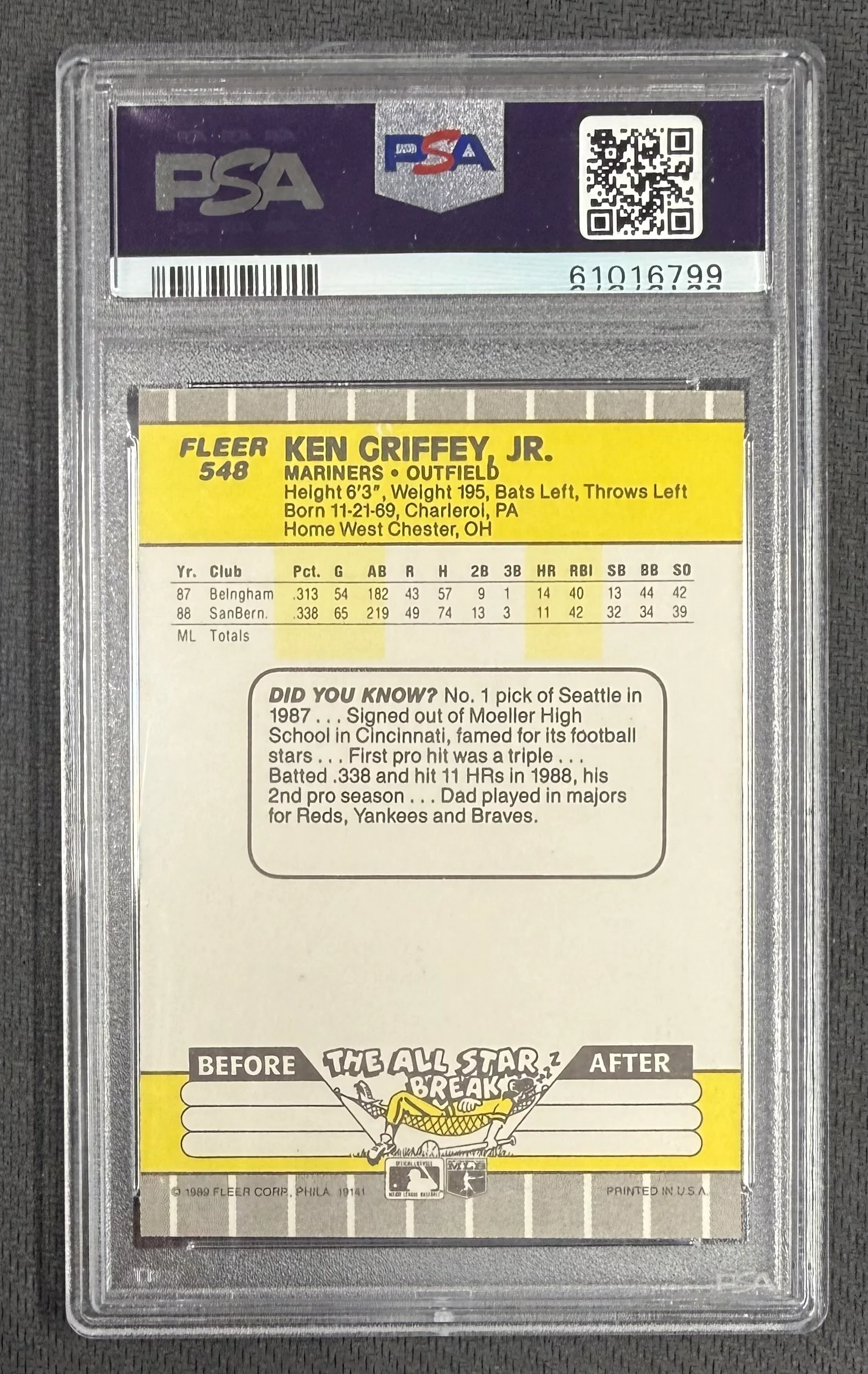 Ken Griffey Jr. 1989 Fleer Seattle Mariners Baseball RC Rookie Card #548 Graded PSA 8 Cert #61016799 - Image 2