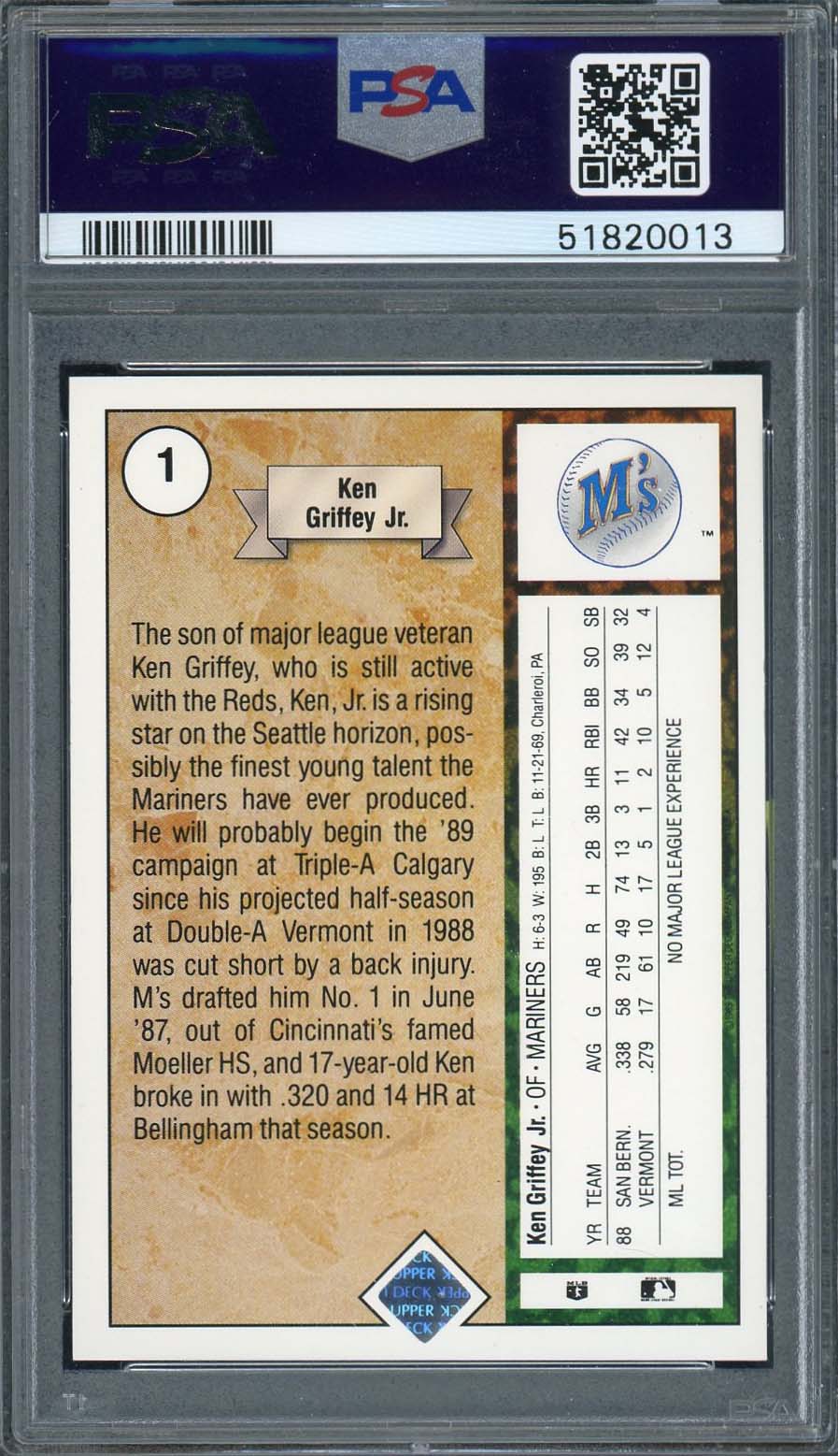 Ken Griffey Jr 1989 Upper Deck Baseball Rookie Card RC #1 Graded PSA 8 - Image 2