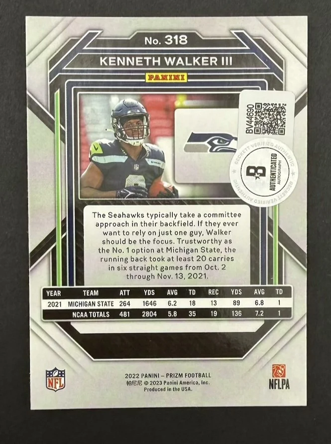 Kenneth Walker III 2022 Panini Prizm Seattle Seahawks Signed Football RC Rookie Card #318 Beckett Authenticated BV44690 - Image 2