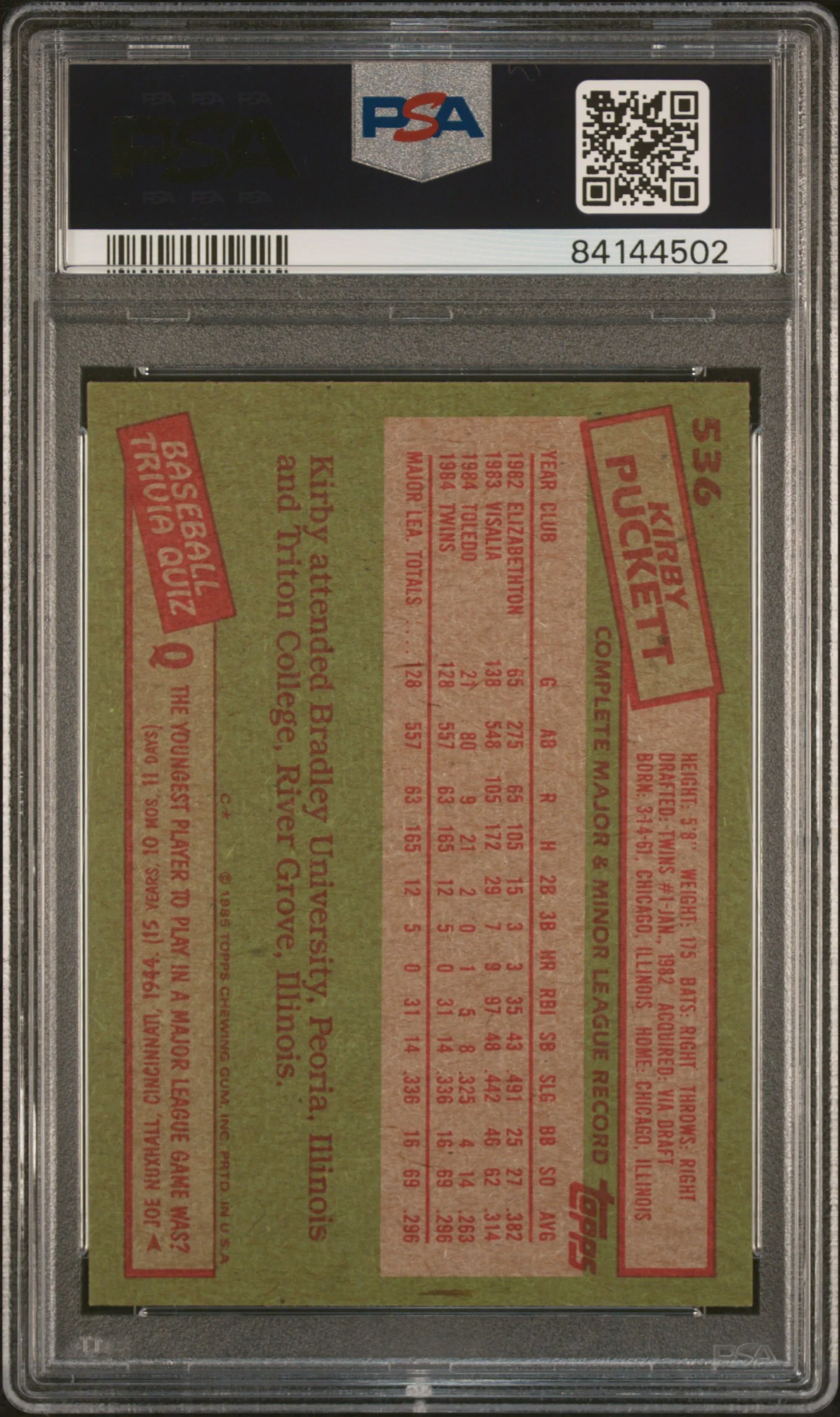 Kirby Puckett 1985 Topps Minnesota Twins Baseball RC Rookie Card #536 Graded PSA 8 Cert #84144502 - Image 2