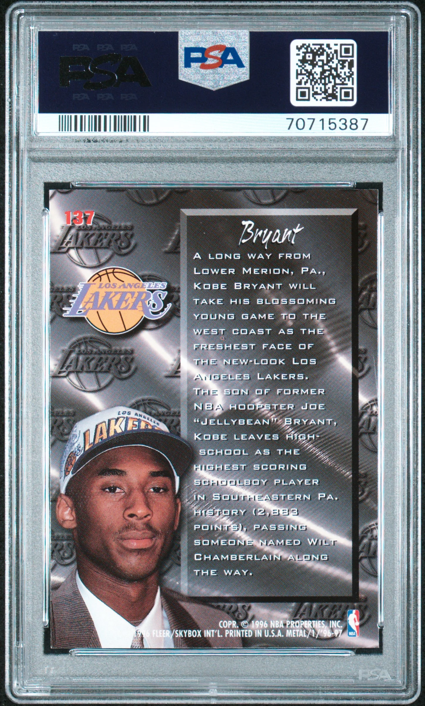 Kobe Bryant 1996 Fleer Metal Basketball Rookie Card #137 Graded PSA 8 - Image 2