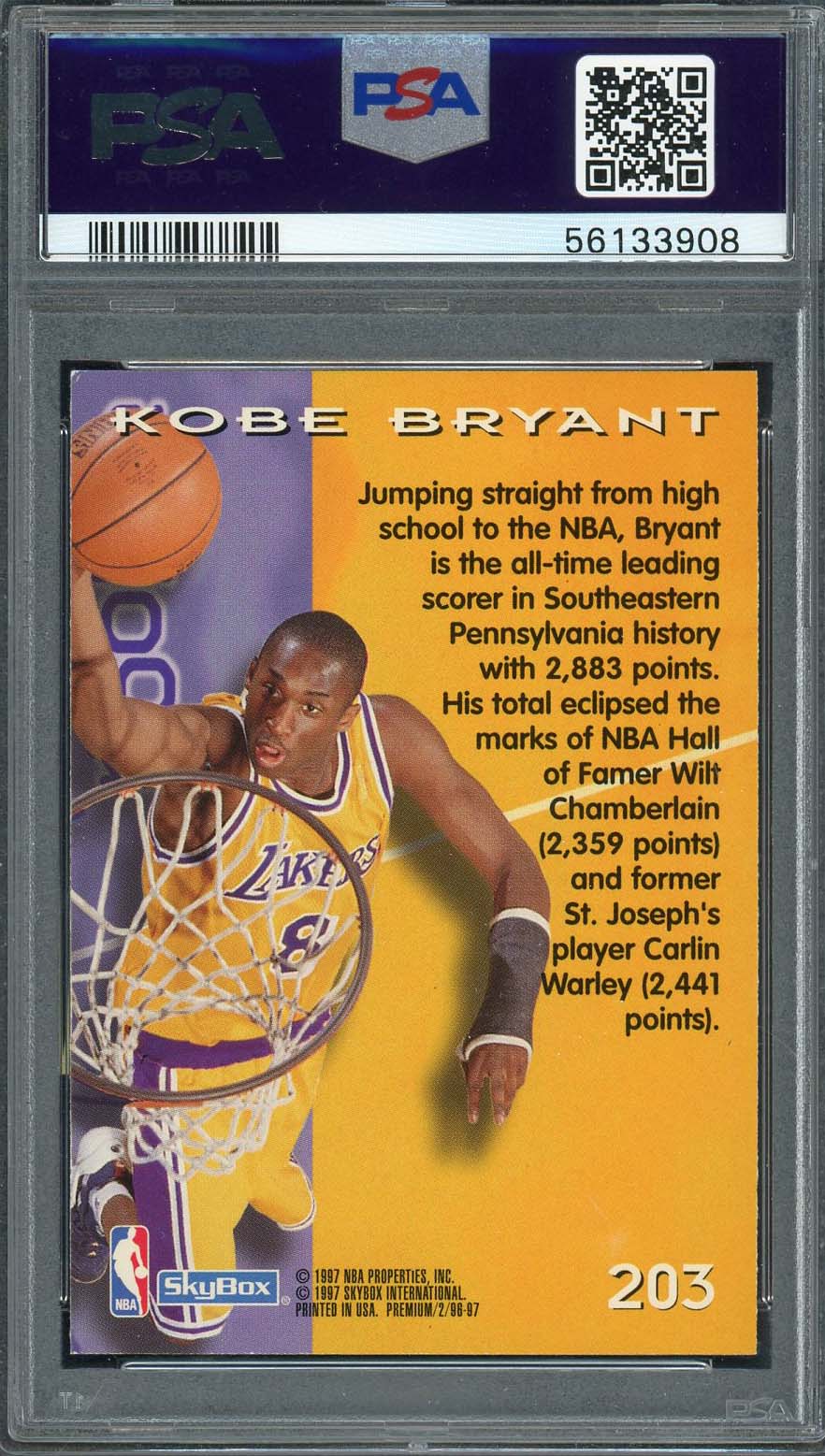 Kobe Bryant 1996 Skybox Premium Basketball Rookie Card #203 Graded PSA 8 - Image 2