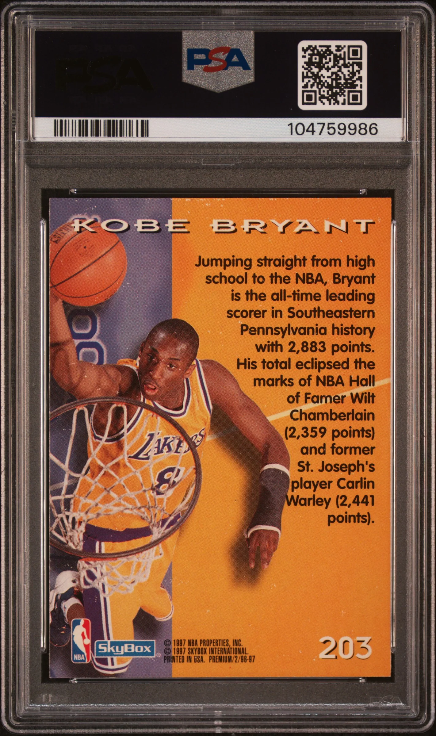 Kobe Bryant 1996 SkyBox Premium Los Angeles Lakers Basketball Rookie Card #203 Graded PSA 7 Cert #104759986 - Image 2