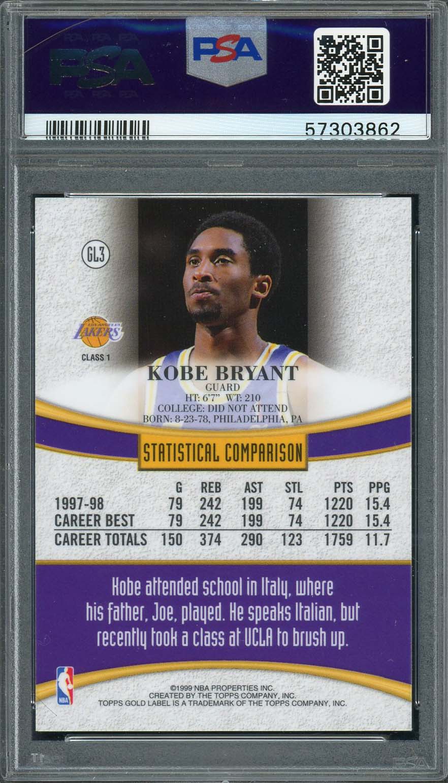 Kobe Bryant 1998 Topps Gold Label Basketball Card #GL3 Graded PSA 8 - Image 2