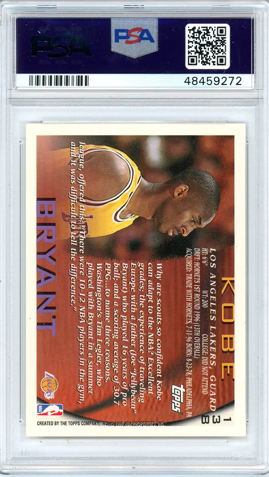 Kobe Bryant 1996 Topps Basketball Rookie Card RC #138 Graded PSA 9 MINT - Image 2
