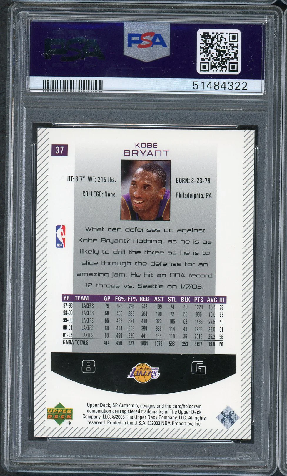 Kobe Bryant 2002 SP Authentic Upper Deck Basketball Card #37 Graded PSA 10 GEM MINT - Image 2