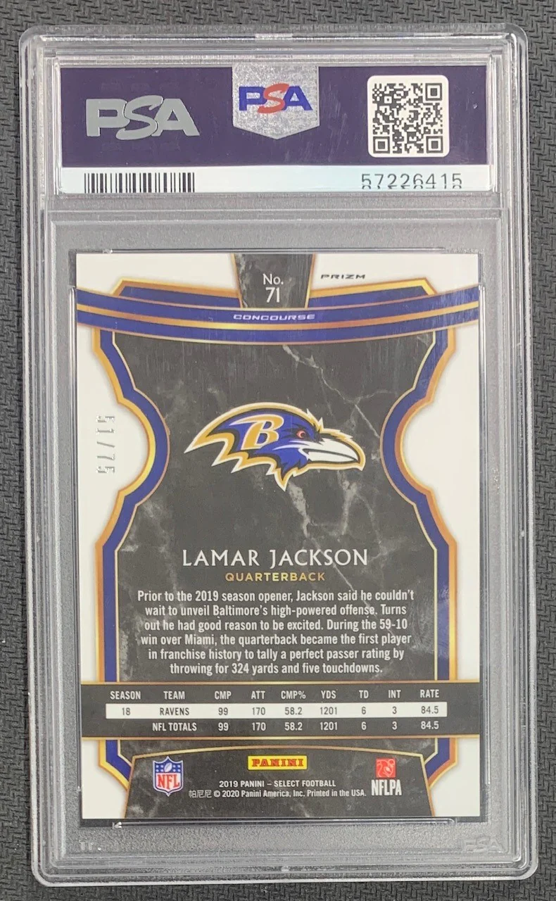 Lamar Jackson 2019 Panini Select Purple Prizm Football Card #71 Graded PSA 10 51/75 - Image 2