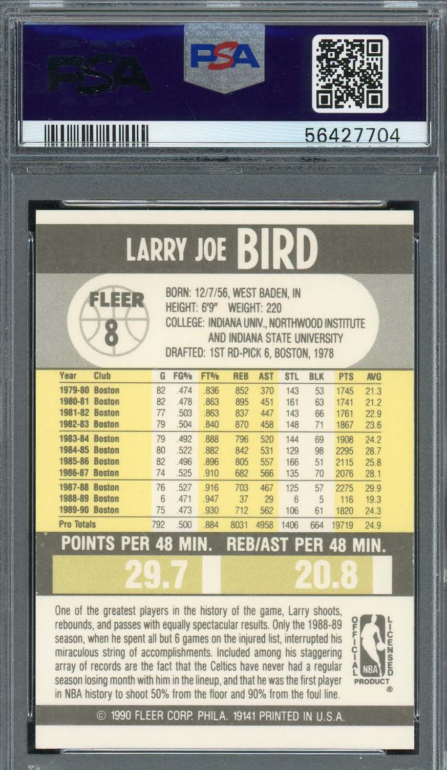 Larry Bird 1990 Fleer Basketball Card #8 Graded PSA 9 - Image 2