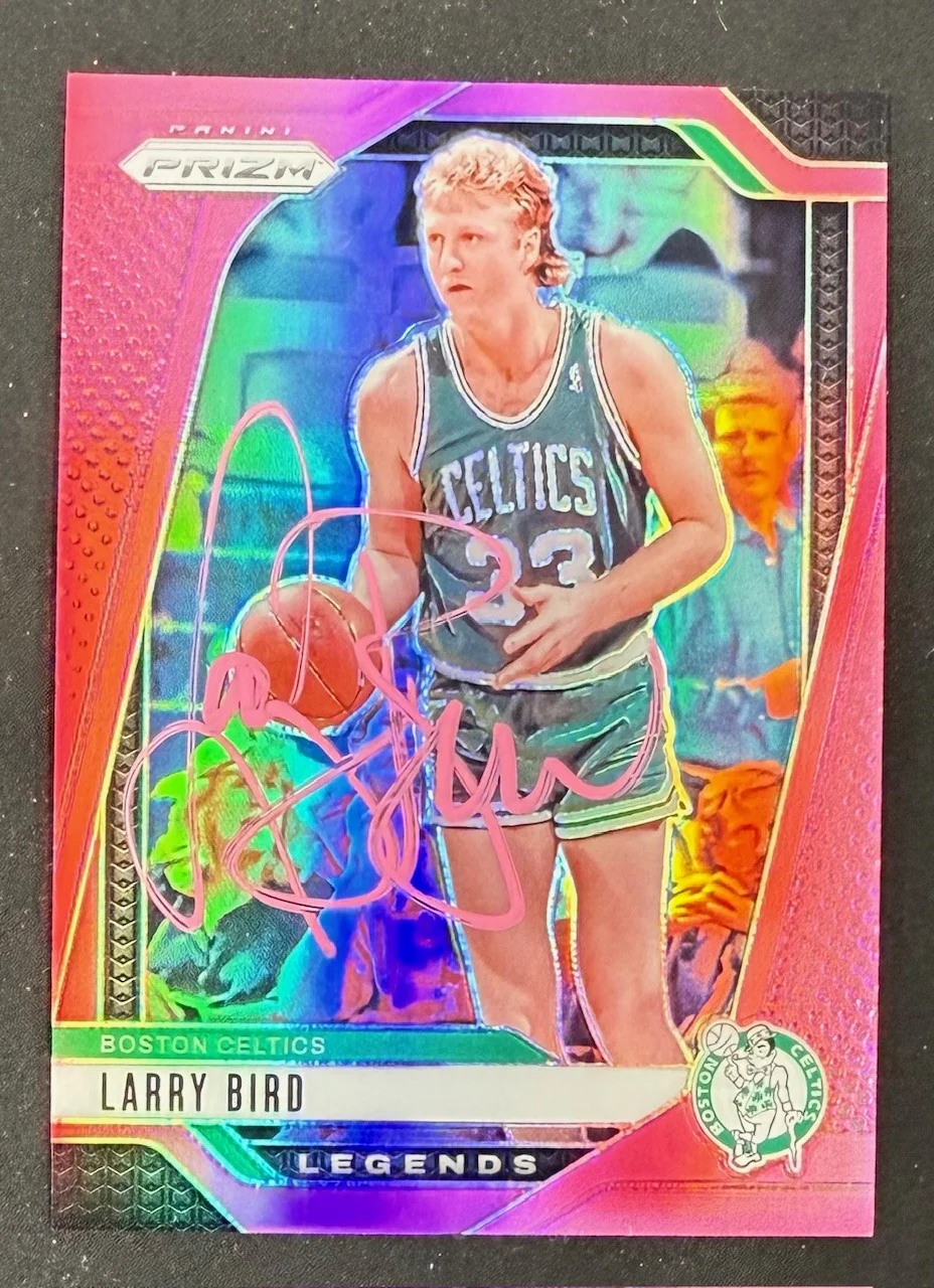 Larry Bird 2024-25 Panini Prizm Pink Signed Basketball Card #299 Auto 80/249 Beckett Witnessed Cert #4W070049