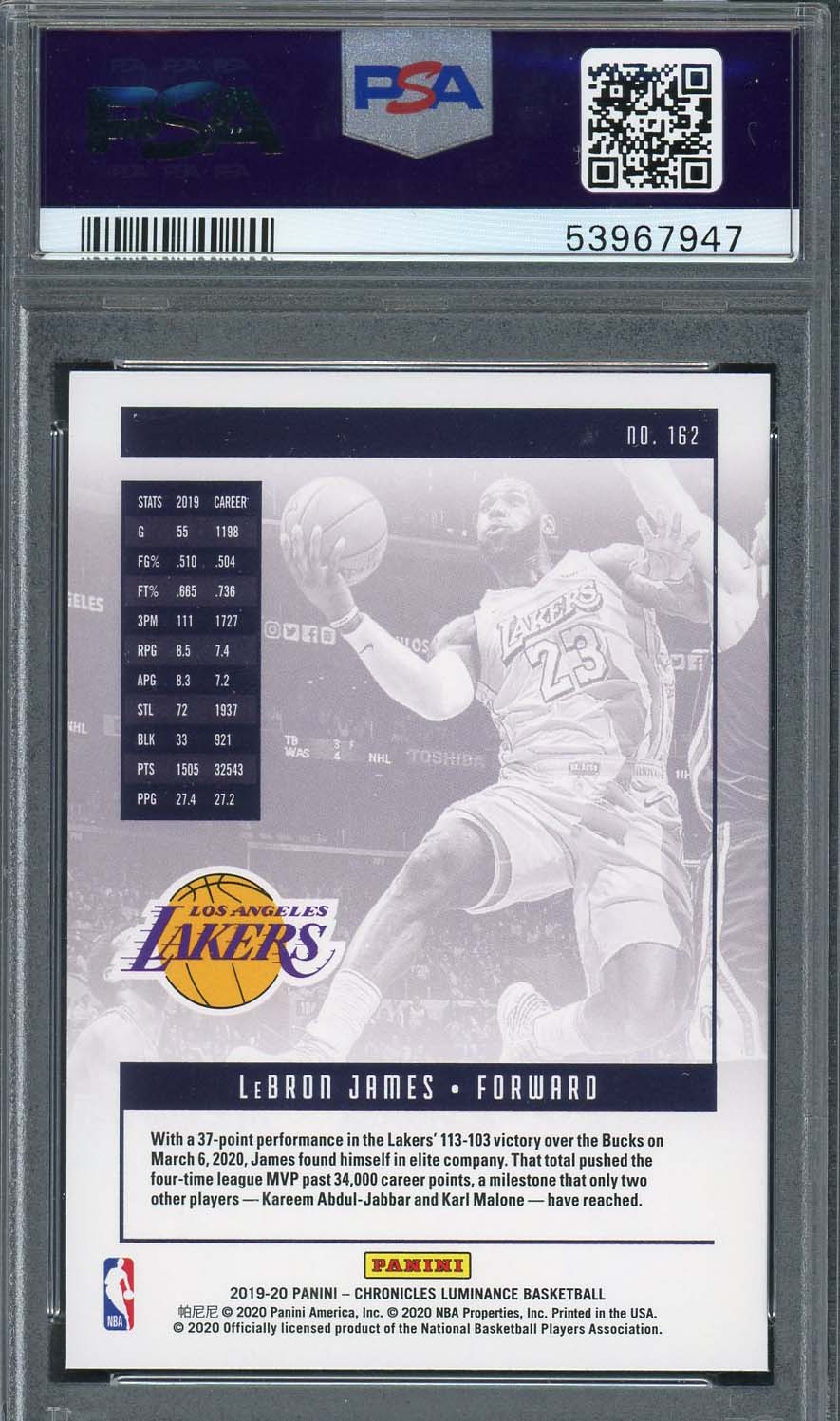 LeBron James 2019 Panini Chronicles Basketball Card #162 Graded PSA 10 - Image 2