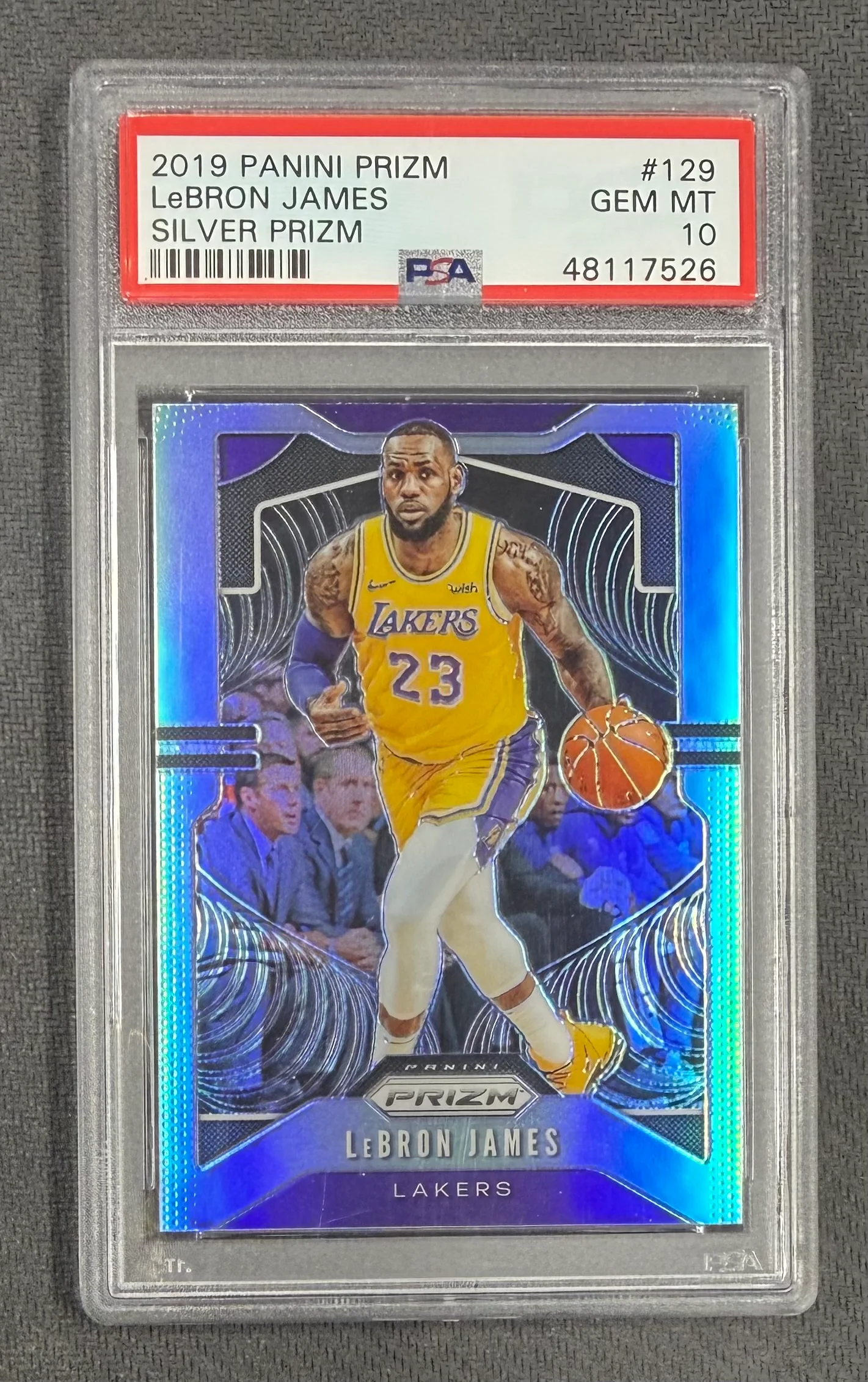 LeBron James 2019 Panini Prizm Silver Los Angeles Lakers Basketball Card #129 Graded PSA 10 Cert #48117526