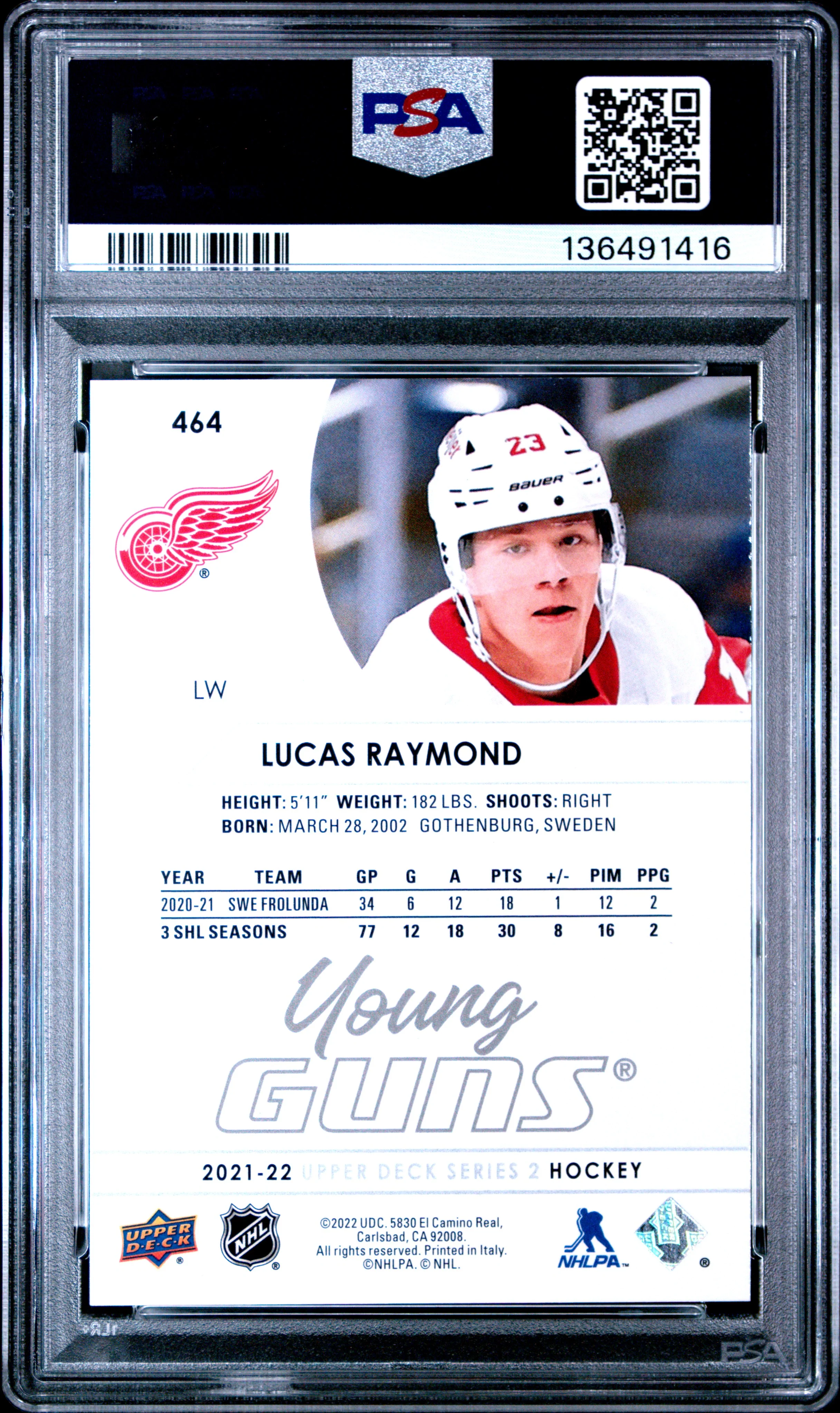Lucas Raymond 2021 Upper Deck Young Guns Rookie Detroit Red Wings Hockey RC Card #464 Graded PSA 10 Cert #136491416 - Image 2