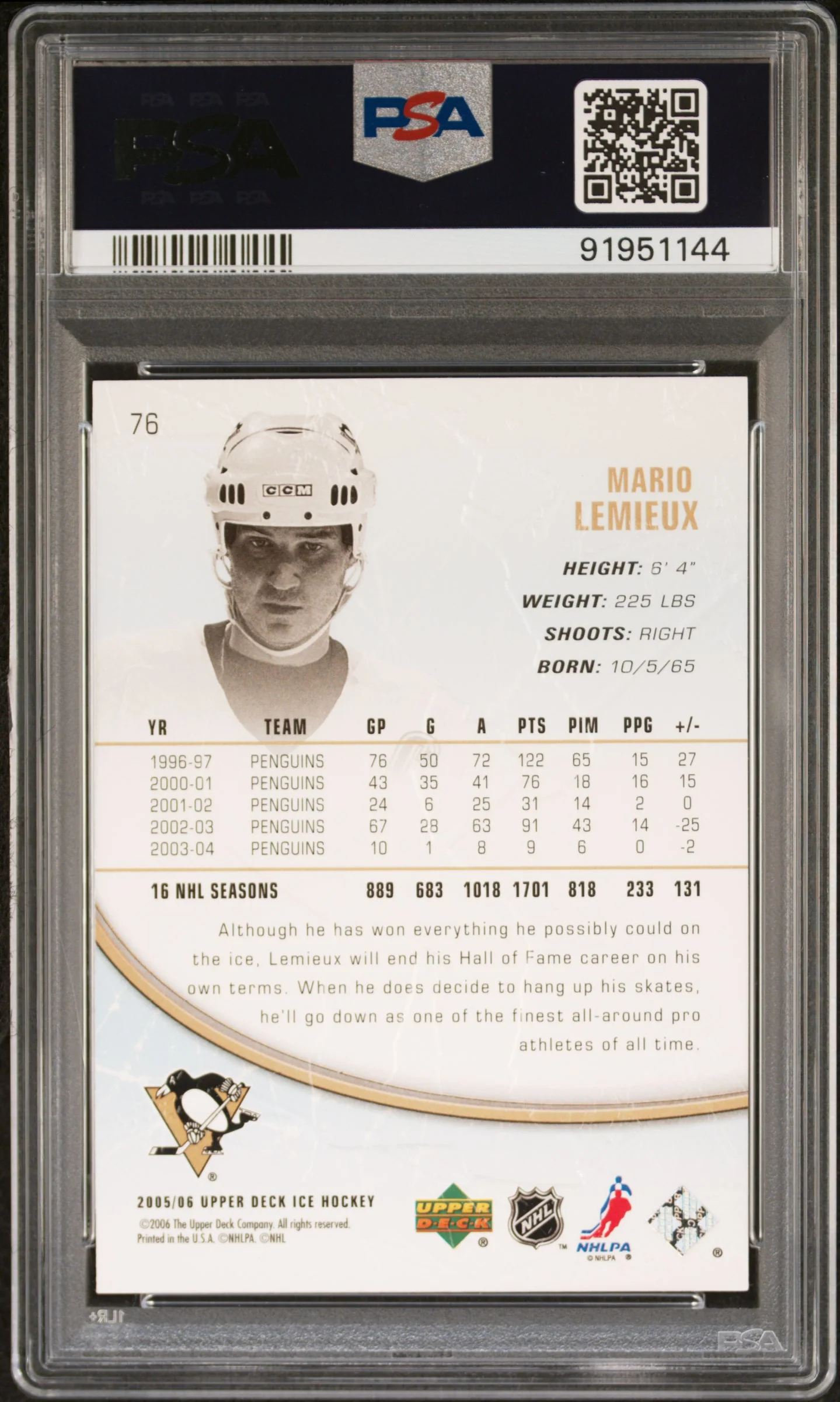 Mario Lemieux 2005 Upper Deck Ice Hockey Card #76 Graded PSA 10 Cert #91951144 - Image 2