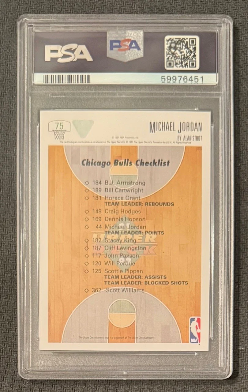 Michael Jordan 1991 Upper Deck Bulls Checklist Chicago Bulls Basketball Card #75 Graded PSA 9 Cert #59976451 - Image 2