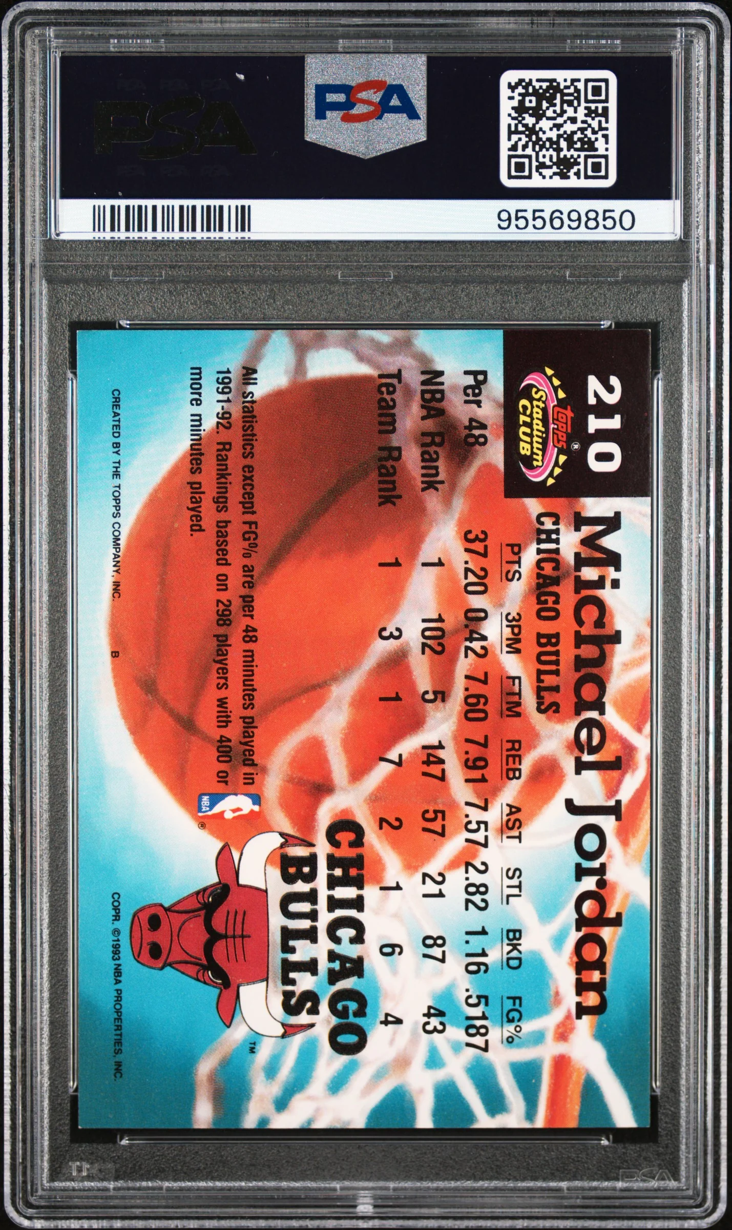 Michael Jordan 1992 Topps Stadium Club Chicago Bulls Basketball Card #210 Graded PSA 6 Cert #95569850 - Image 2