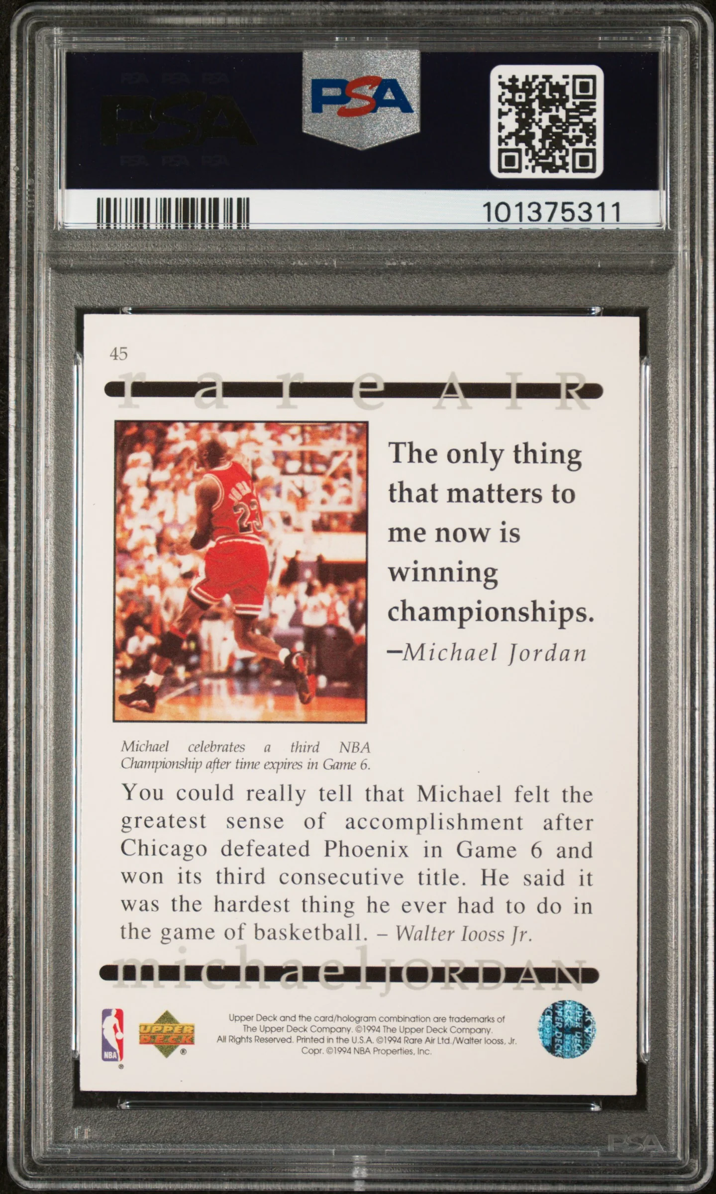 Michael Jordan 1994 Upper Deck Rare Air Chicago Bulls Basketball Card #45 Graded PSA 7 Cert #101375311 - Image 2
